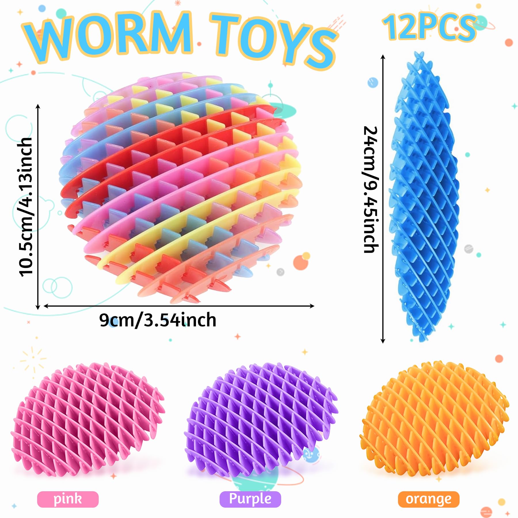 12Pcs Fidget Worm Sensory Toys - Stress & Anxiety Relief Fidget Toys for Kids & Adults - Stretchy Resistance Worm Keychain for ADHD, Autism, Focus - Perfect for Office, School, Travel & New Year Gifts