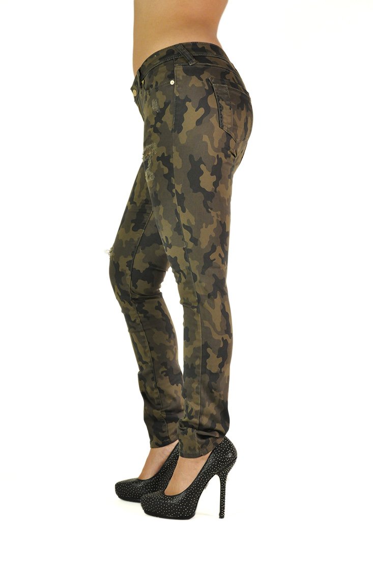 Poetic Justice Women's Curvy Fit Camo Print Stretch Twill Destroyed Skinny Jeans | High Waisted Ripped Denim Pants for Casual Wear & Street Style Outfits
