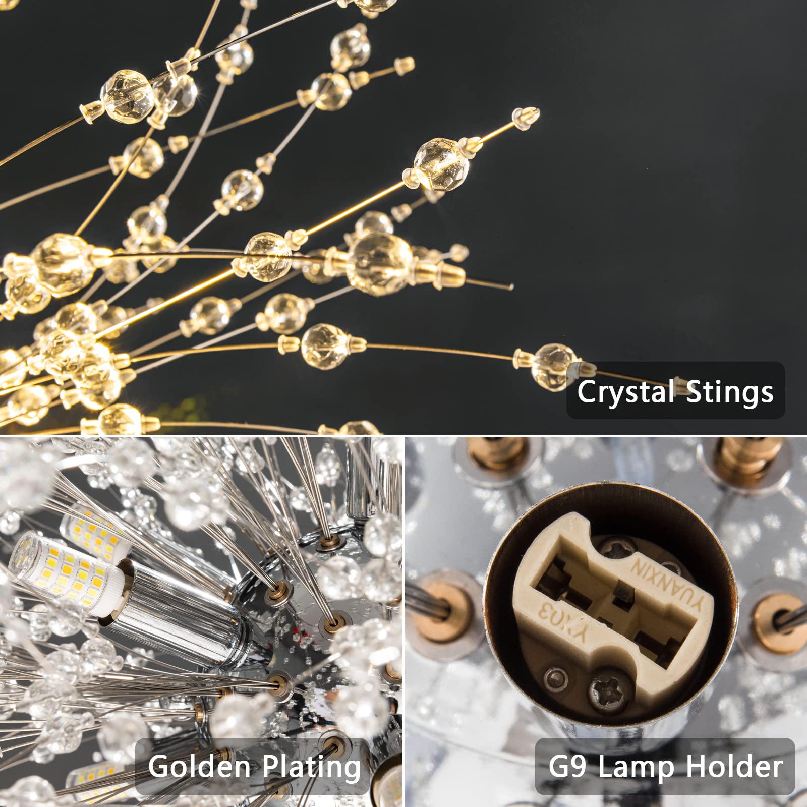 Modern Firework Dandelion Sputnik Chandelier - 12-Light Crystal Chrome Pendant Lighting Fixture for Kitchen Island, Dining Room, Bedroom & Living Room | Elegant Ceiling Decor for Home & Restaurant Lighting