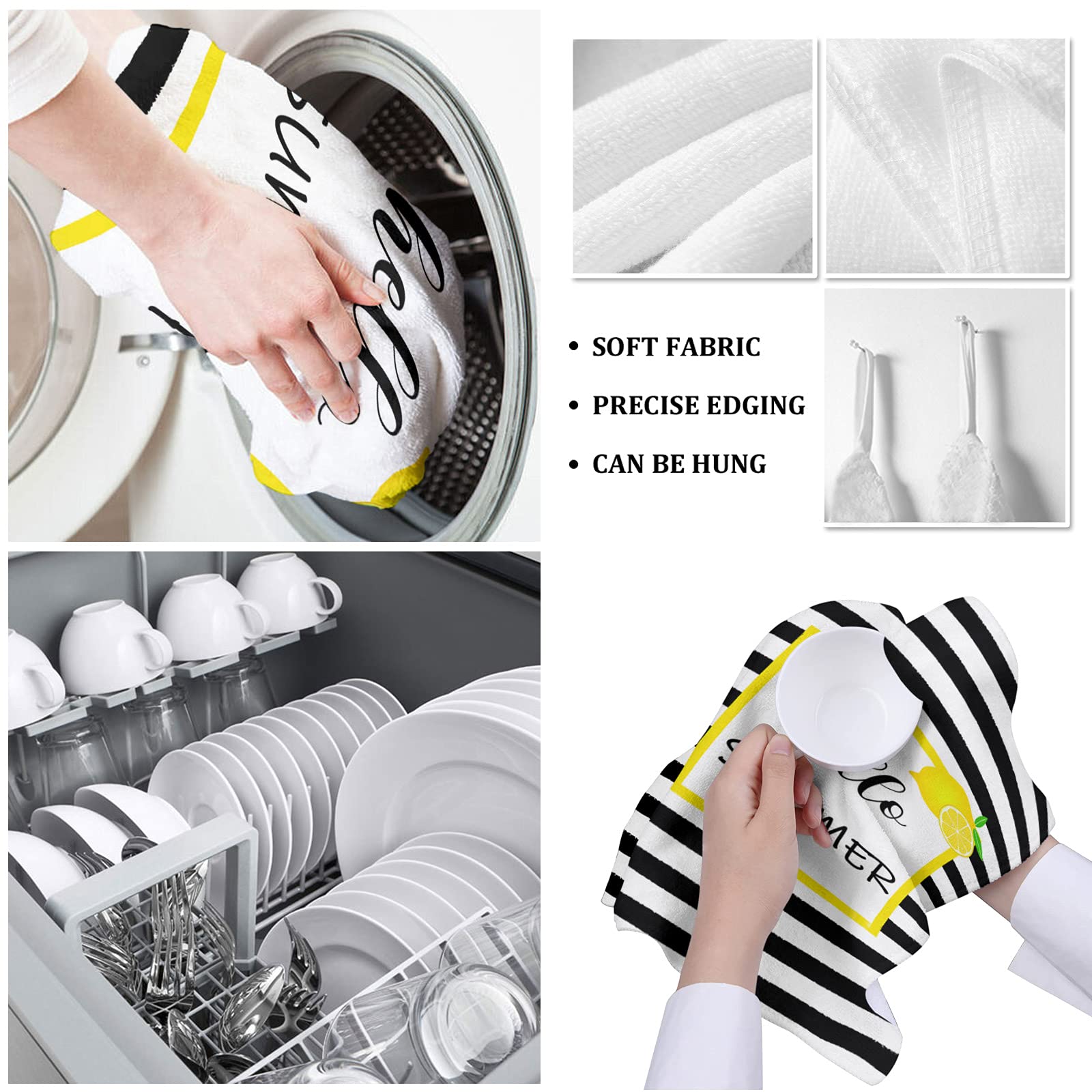 Premium Microfiber Kitchen Towels Set of 4 - Super Absorbent & Reusable Dish Towels (18x28 Inch) in Lemon Yellow & Black White Stripe - Ideal for Washing Dishes, Bar Cleaning & Tea Towel Use