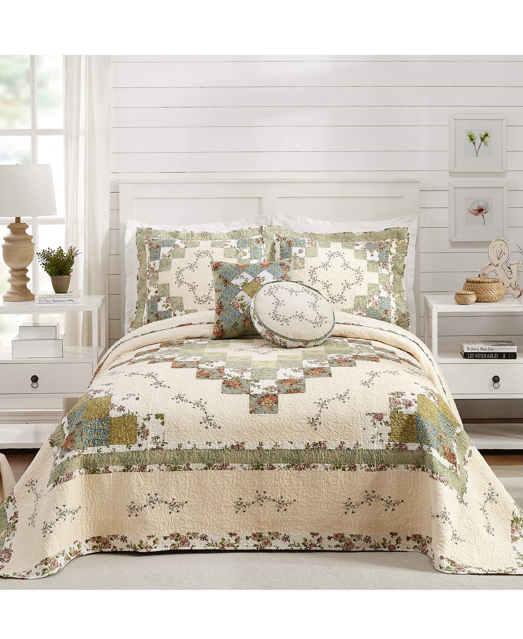 Olivia Embroidered Quilted King Size Pillow Sham - Green & Cream Design, Perfect for Master Bedroom or Guest Room Decor