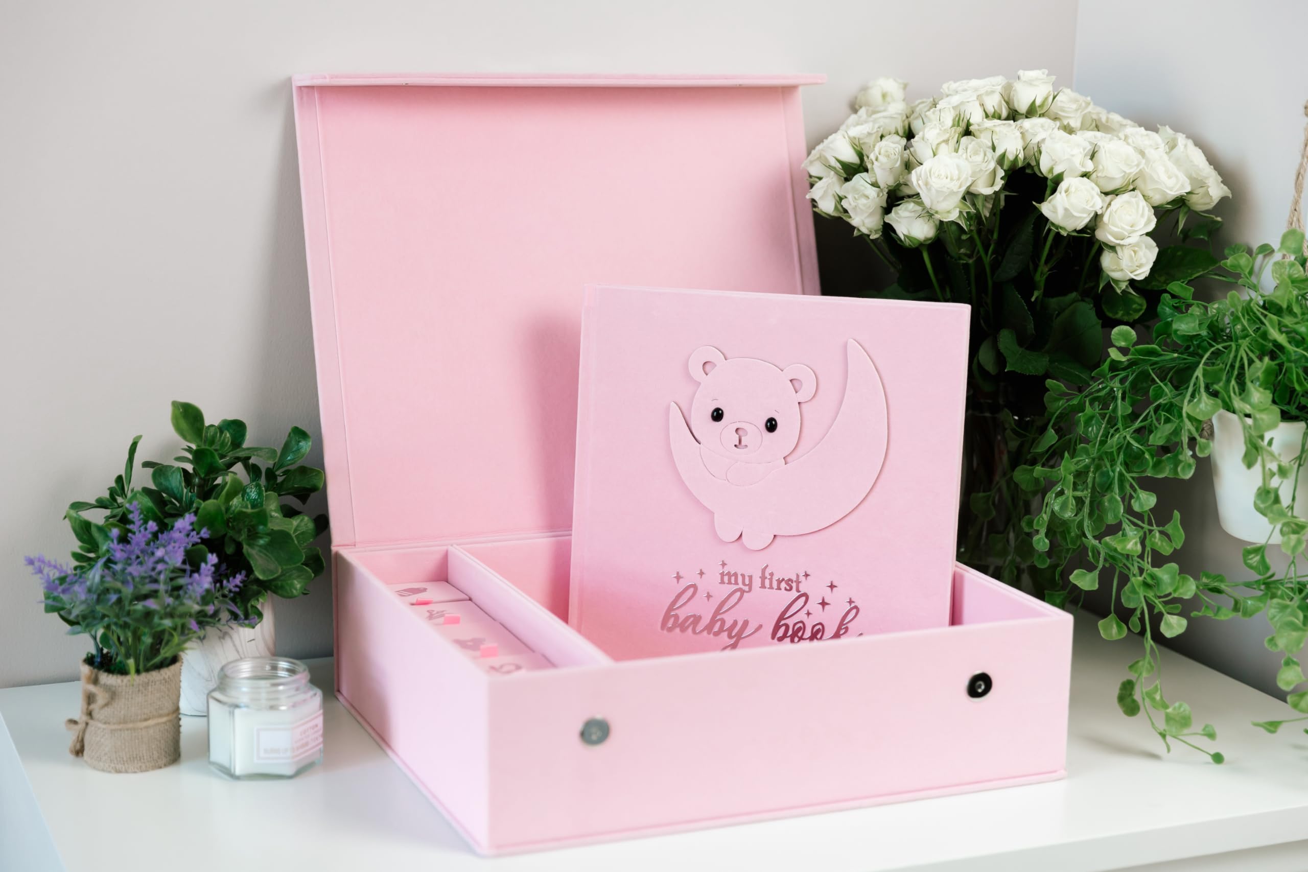 Handmade Baby Memory Book & Photo Album with Keepsake Box - Newborn First Year Scrapbook, Footprint Kit Included - Perfect for Baby Shower Gifts & Milestone Tracking (Teddy Bear Girl, Pink)