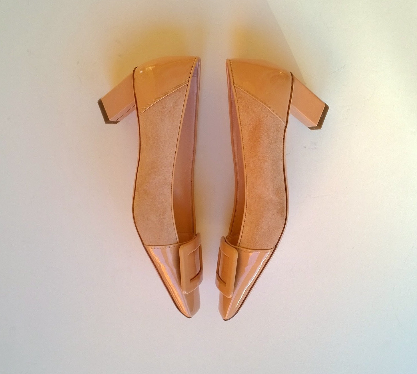 Roger Vivier Belle Vivier Sand Beige Nude Suede & Patent Leather 45mm Heels - Elegant Women's Dress Shoes for Weddings & Evening Events