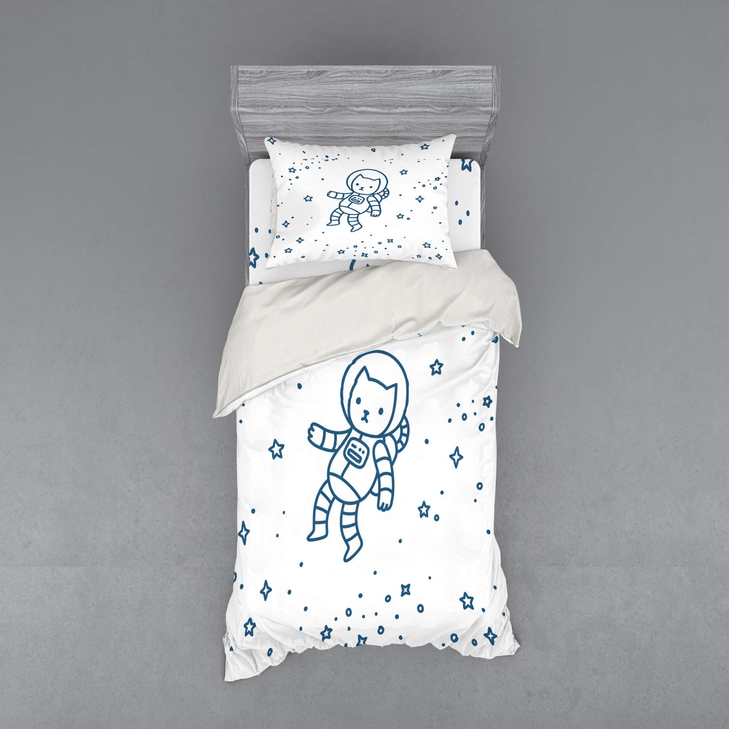 Ambesonne 3-Piece Cat Duvet Cover Set - Twin Size, Dark Blue Space Theme with Cartoon Astronaut Cat & Constellation Design | Bedroom Decor for Kids, Teens & Cat Lovers | Perfect for Space-Themed Rooms & Gift Ideas