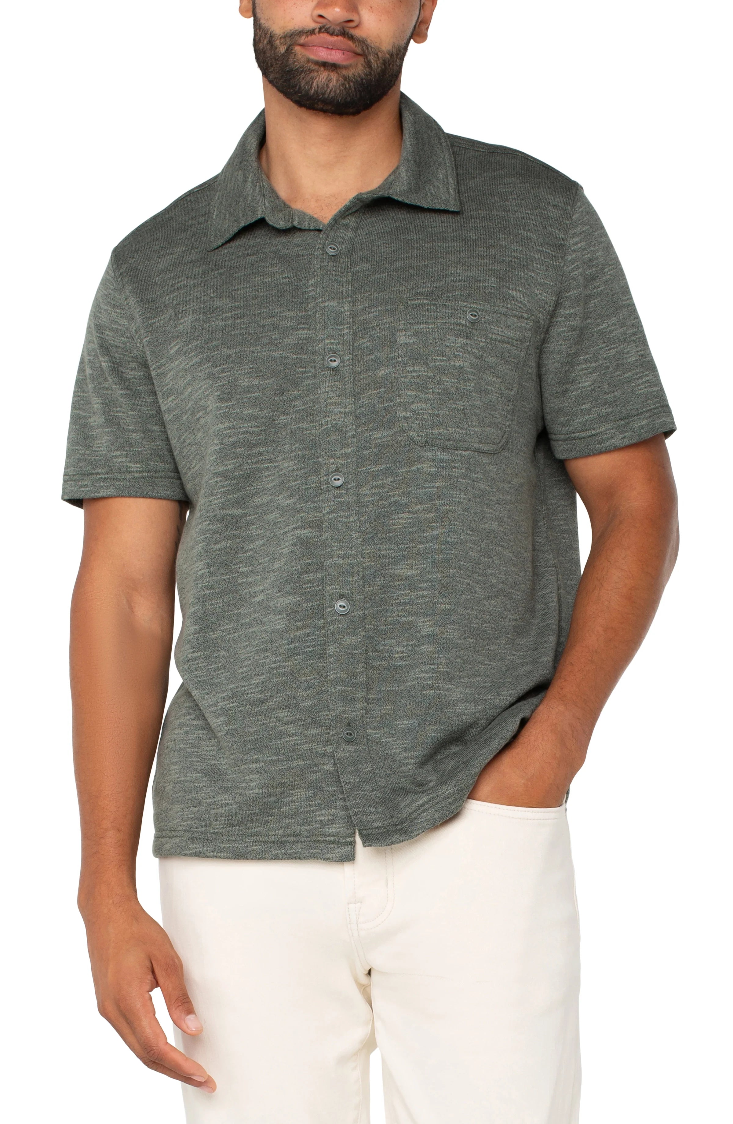 Men's Heather Sage Button Up Short Sleeve Casual Shirt - Breathable Summer Shirt for Outdoor Activities, Beach Wear & Casual Office Attire