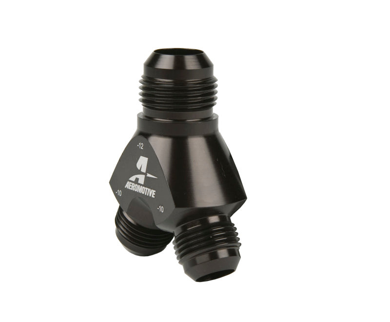 Aeromotive Y Block Fuel Distribution Fitting - AN 12 to 2x AN 10 Ports - High Performance Fuel System Upgrade for Racing & Custom Automotive Applications