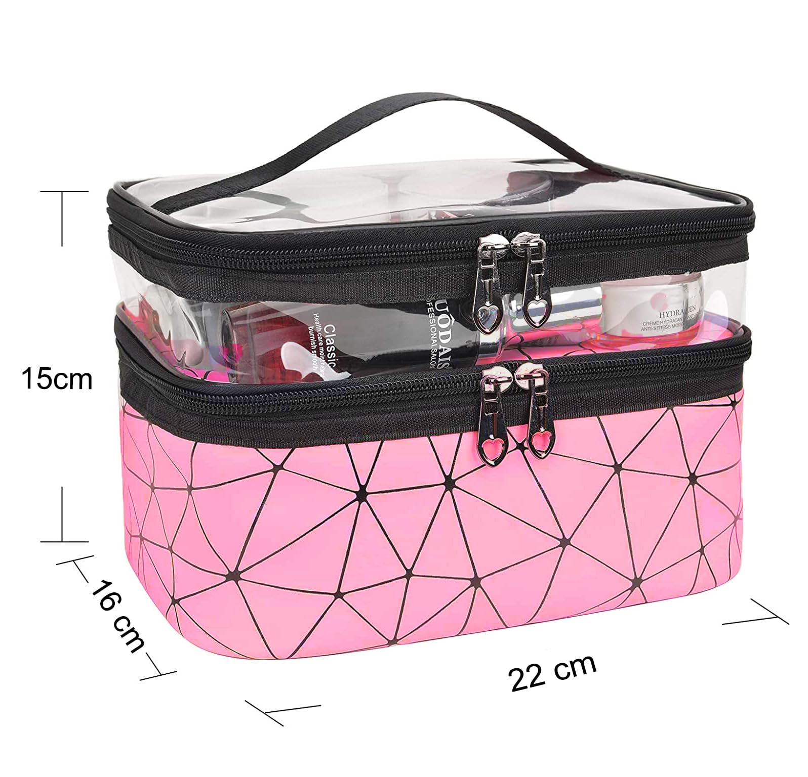 INOVERA Faux Leather Double Layer Travel Makeup Bag - Pink Diamond Cosmetic Organizer (22.5 x 16.5 x 15 cm) for Toiletries & Beauty Essentials | Perfect for Vacation, Gym & Daily Use