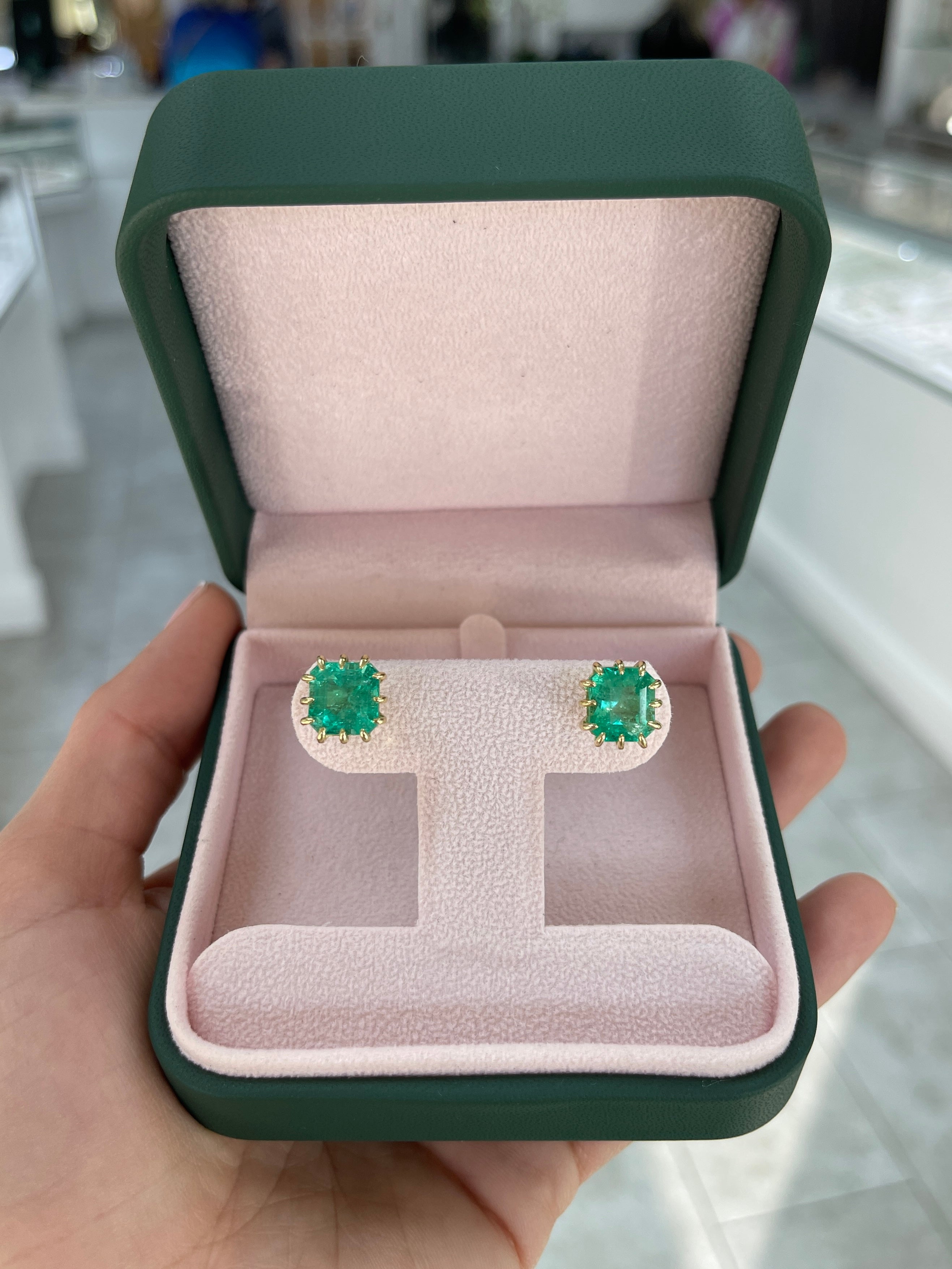 8.56tcw Colombian Emerald Multi Prong 18K Gold Statement Stud Earrings - Perfect for Weddings, Parties & Special Occasions
