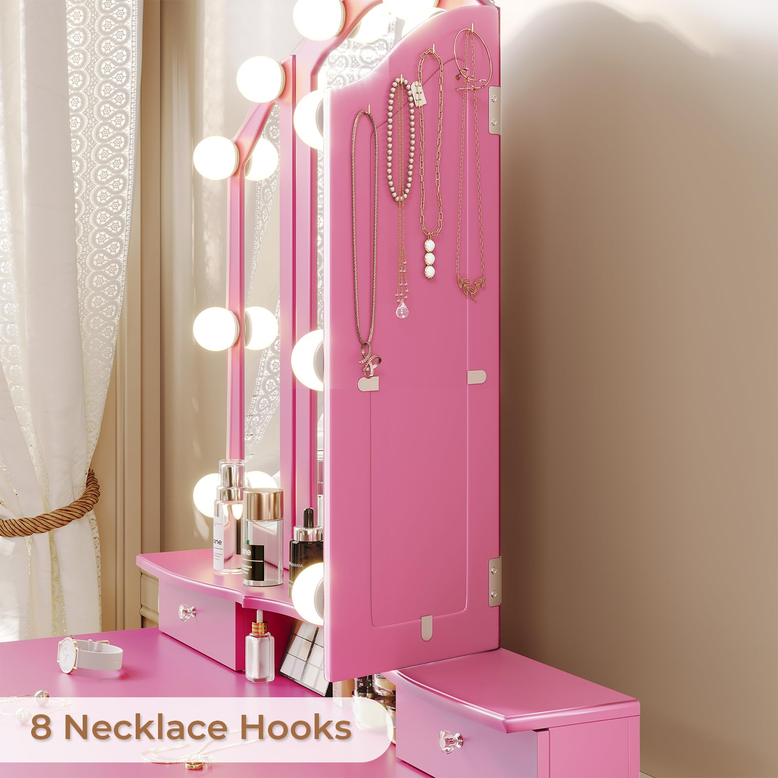 Tiptiper Vanity Desk with Tri-Fold Mirror & LED Lights, Pink Makeup Dressing Table with Wooden Stool, 5 Drawers & 8 Jewelry Hooks - Perfect for Small Spaces, Bedroom Decor & Gift Ideas
