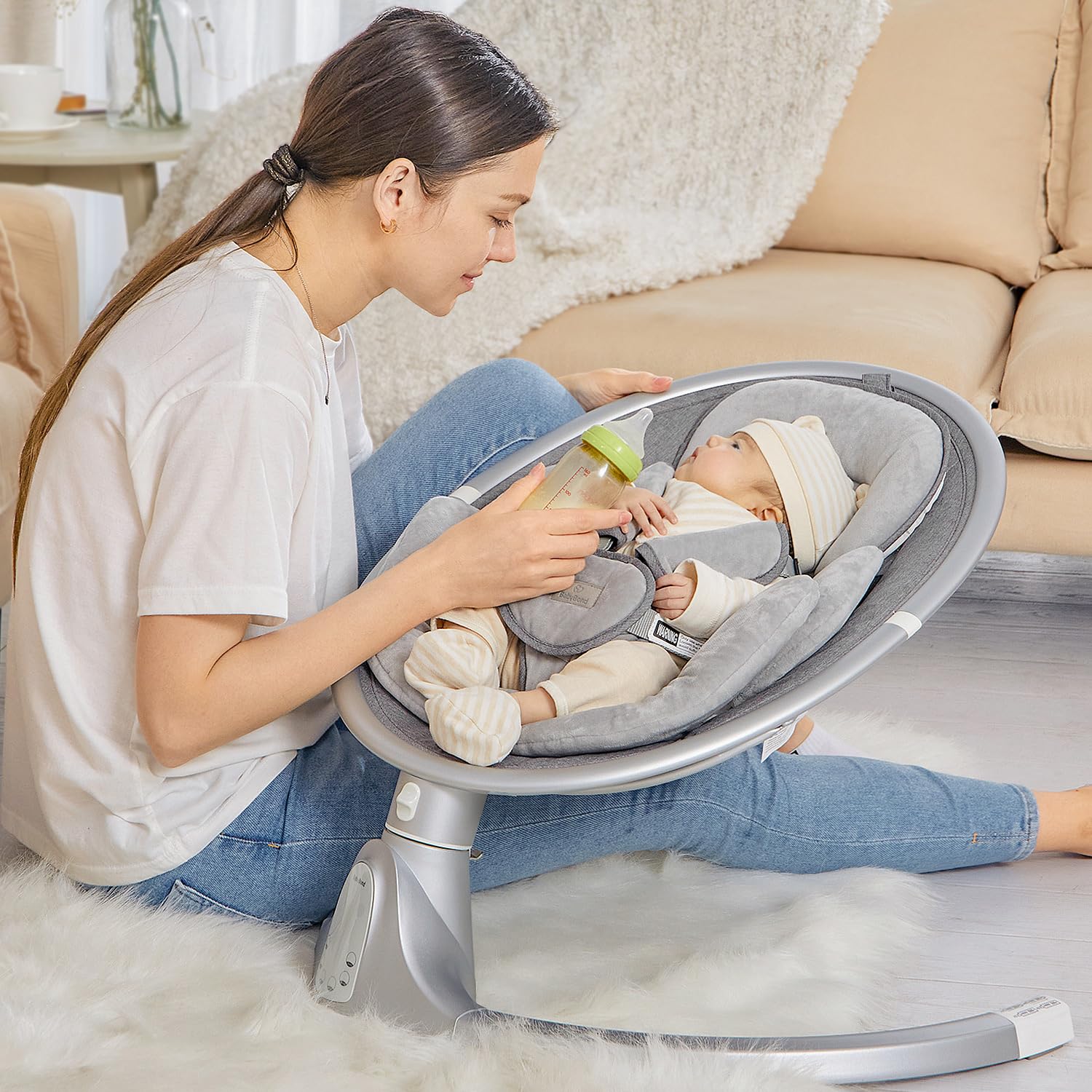 BabyBond Bluetooth Baby Swing for Infants - 10 Preset Lullabies, 5-Speed Adjustable Rocking, 5-Point Safety Harness & Remote Control - Portable Infant Swing for Nursery, Travel, Indoor & Outdoor Use (Aluminum Frame)