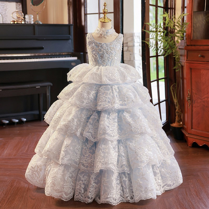 Elegant Dusty Blue A-Line Flower Girl Dress with Lace & Sequins - Perfect for Weddings, Parties & Special Occasions