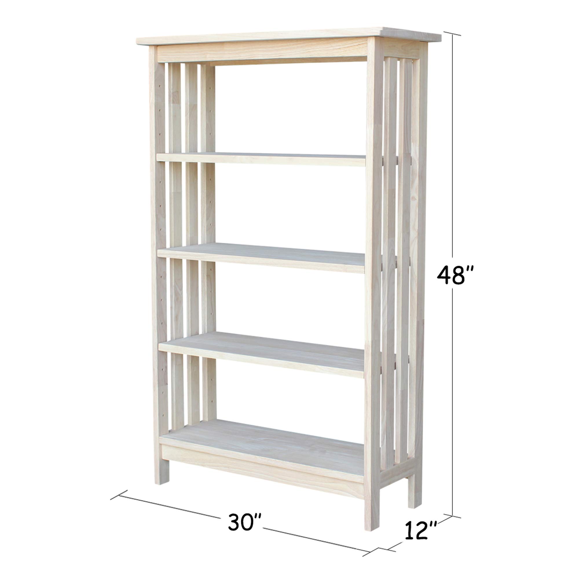 International Concepts 4-Tier Mission Style Shelf Unit - Unfinished Wooden Bookcase for Home Office, Living Room & Bedroom Storage