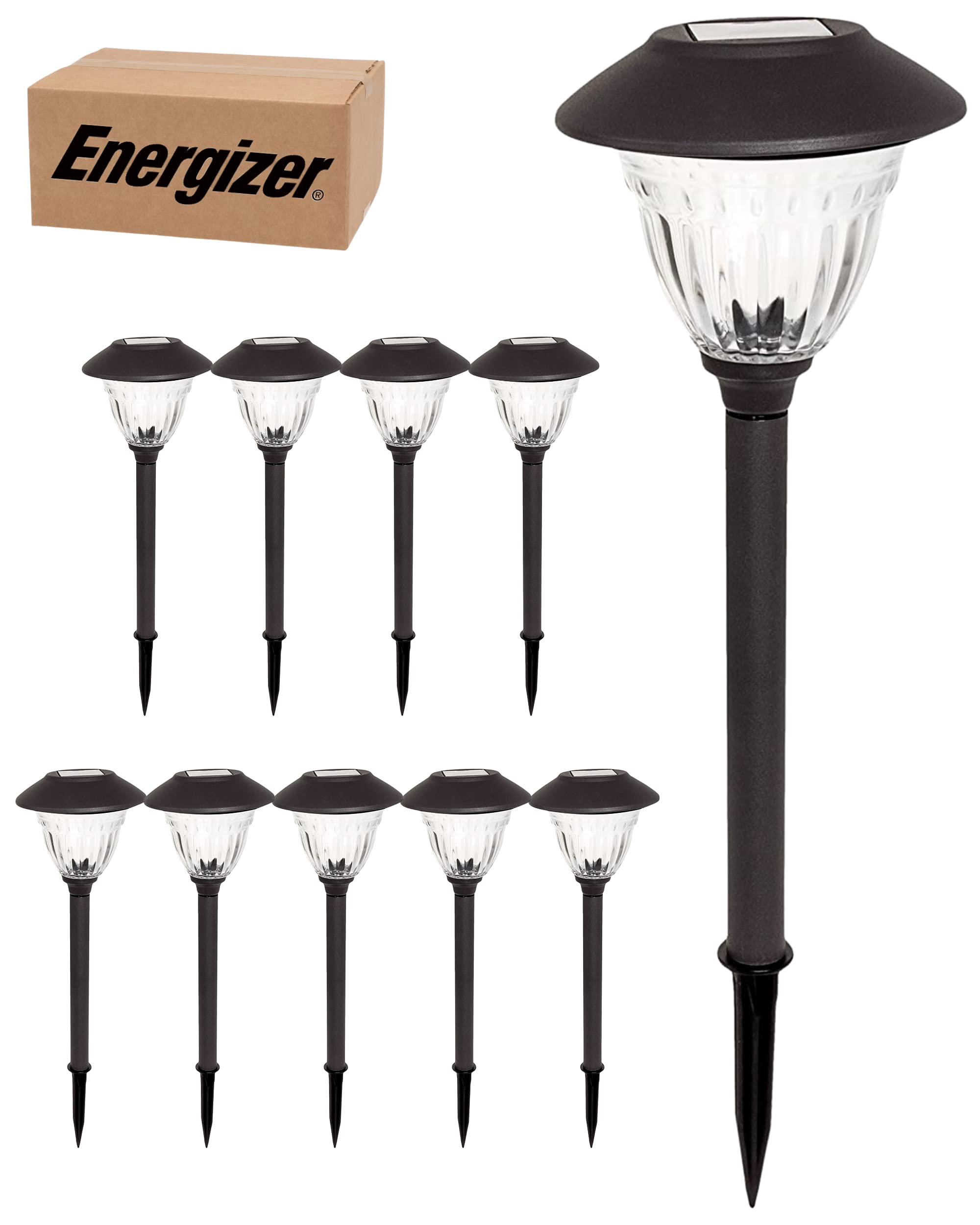 Energizer LED Solar Pathway Lights - 10 Pack Gunmetal Outdoor Solar Lights - IP65 Waterproof with Auto On/Off - Durable Patterned Glass & Metal Construction - Perfect for Garden, Walkway, and Driveway Lighting