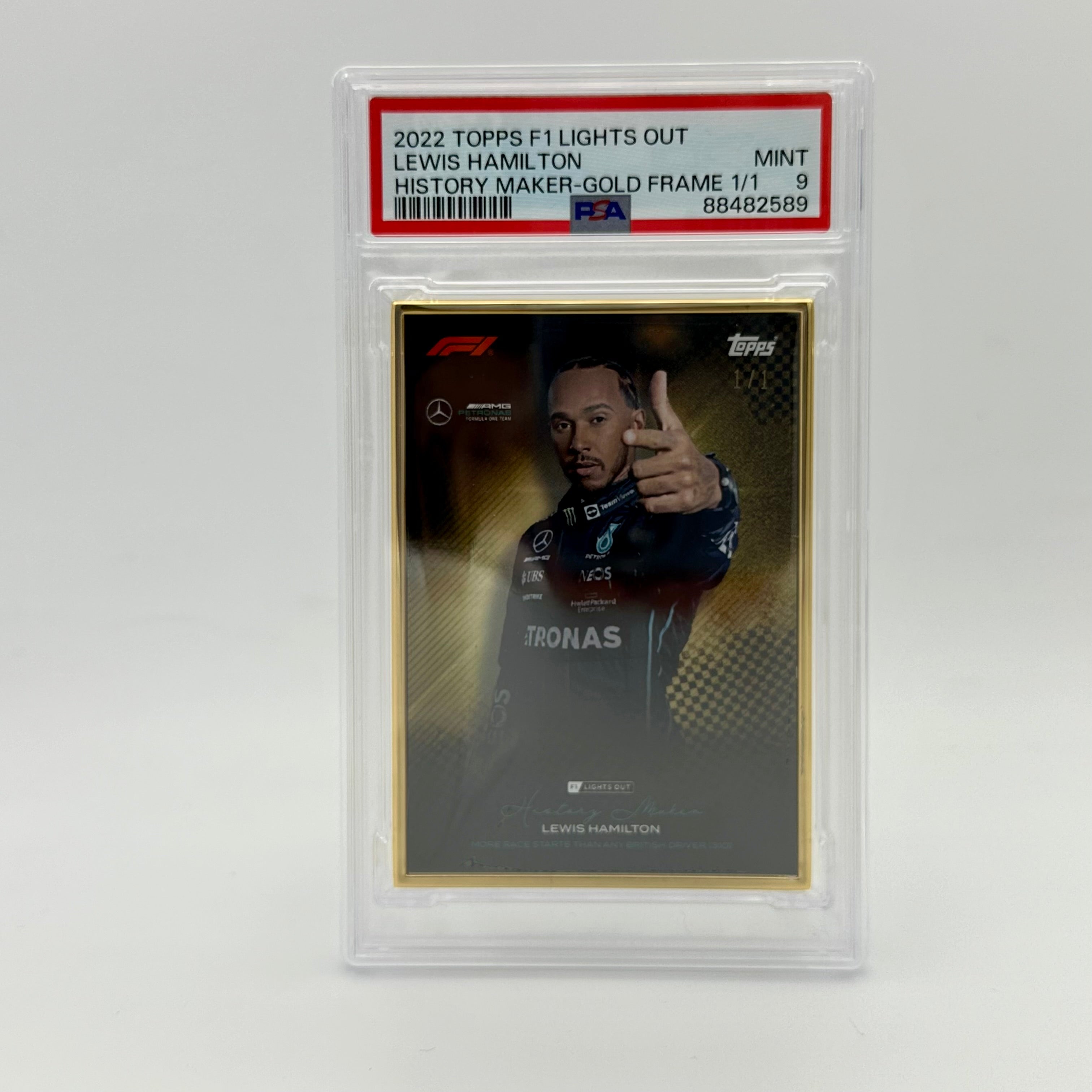 1/1 Gold Frame Lewis Hamilton History Maker 2022 Lights Out PSA 9 - Rare Collectible F1 Racing Memorabilia for Display & Investment