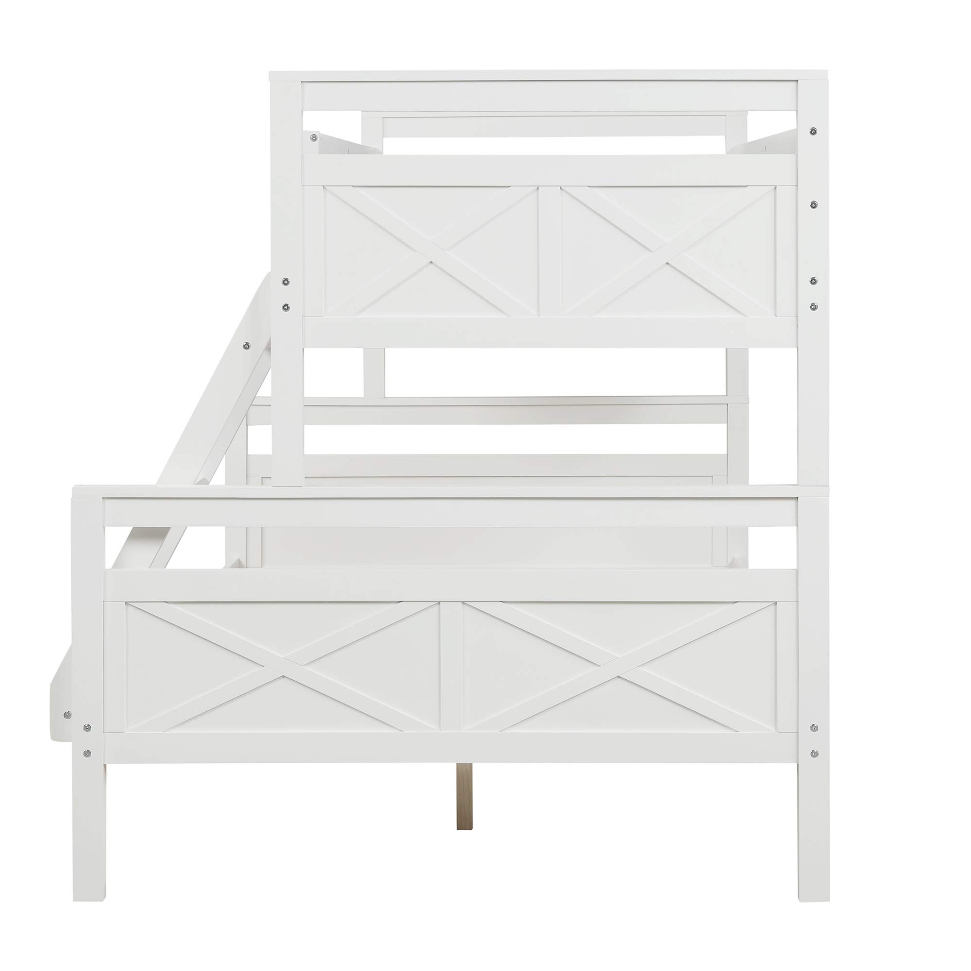 Twin Over Full Bunk Bed with Inclined Ladder & Guardrail - Solid Wood Frame with Sturdy Center Support - Converts to 2 Separate Beds - Ideal for Kids' Bedrooms, Guest Rooms & Small Spaces (White)