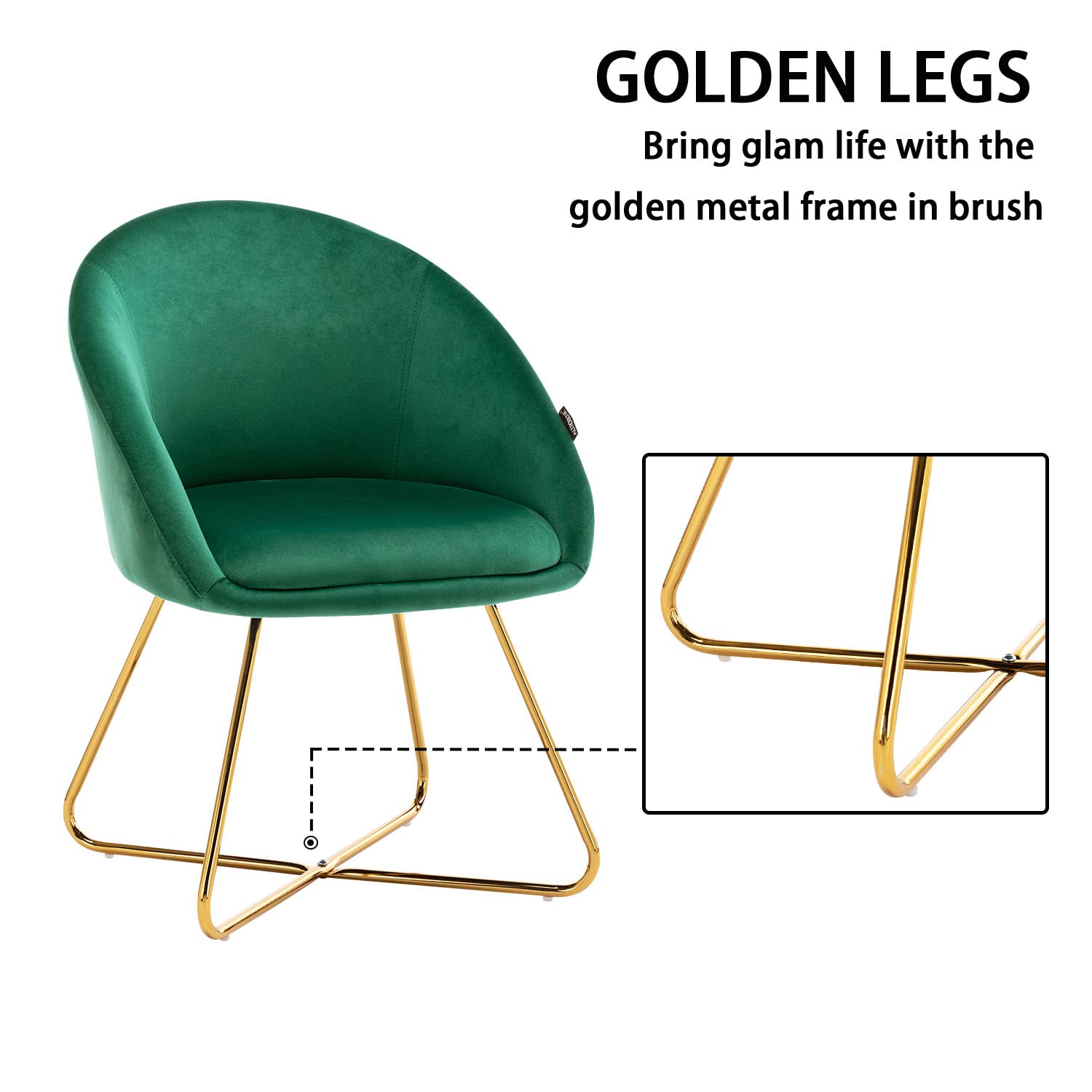Mid-Century Modern Velvet Dining Chairs Set of 2 - Green Upholstered Accent Chairs with Golden Finish for Living Room, Bedroom, Home Office - Elegant Seating for Dinner Parties & Cozy Reading Nooks
