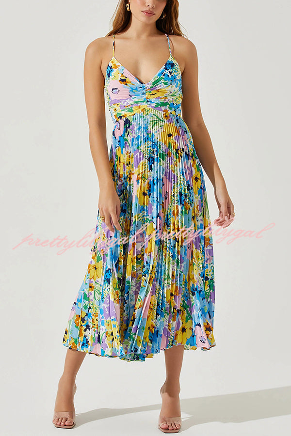 Floral Print Pleated Midi Dress with Back Tie Detail - Perfect for Wedding Parties, Bridal Showers & Summer Events