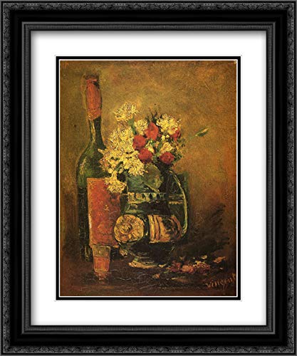 Vincent van Gogh Museum Art Print - Carnations and Bottle in Vase, 20x24 Inch Black Ornate Frame with Double Matting | Perfect for Home Decor, Office Wall Art & Gift Ideas