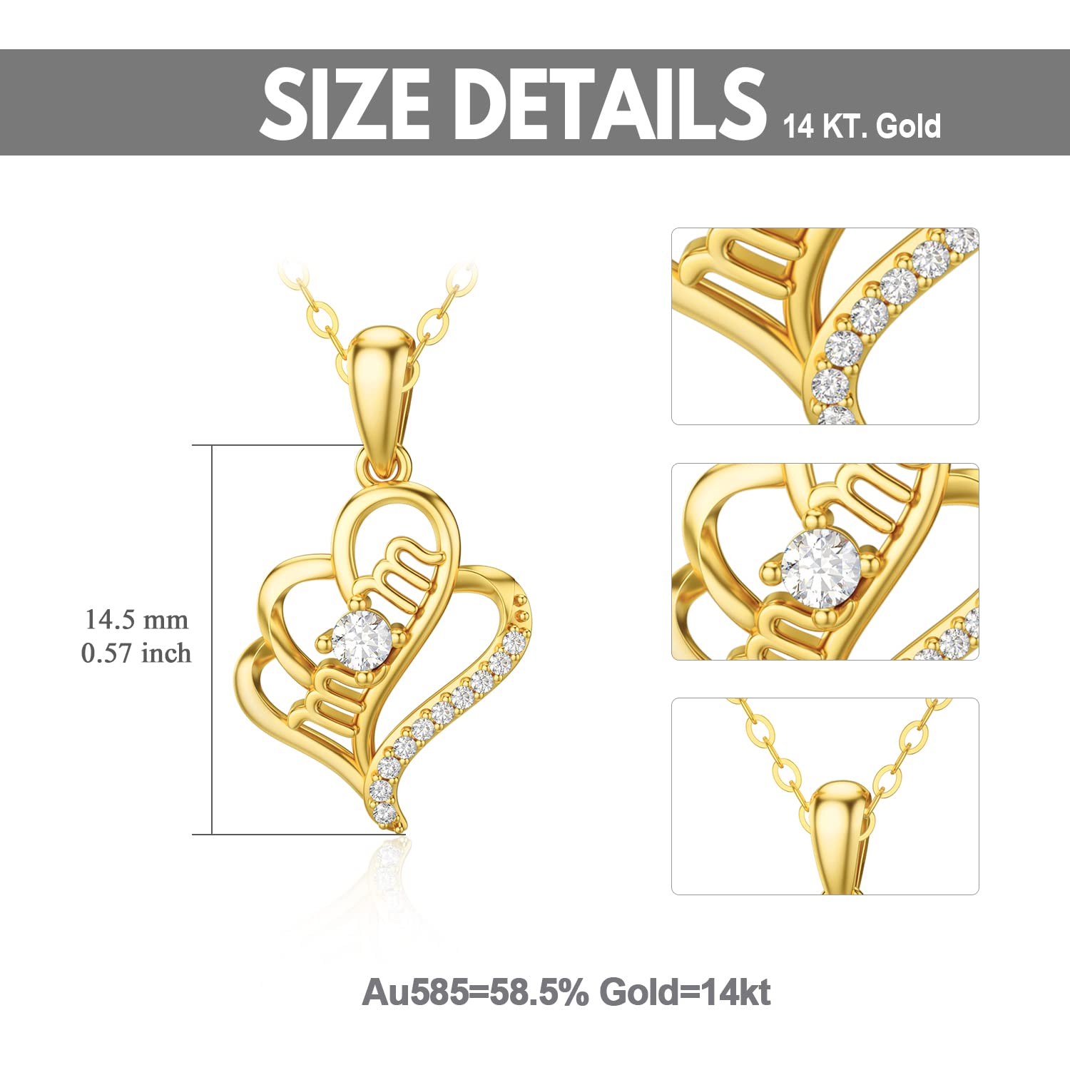 14K Real Gold Heart Necklace for Women - I Love You Mom Pendant Jewelry Gift for Mother's Day, Wife, Grandma | 16+1+1 Inch Yellow Gold Chain | Perfect for Birthday, Anniversary & Special Occasions