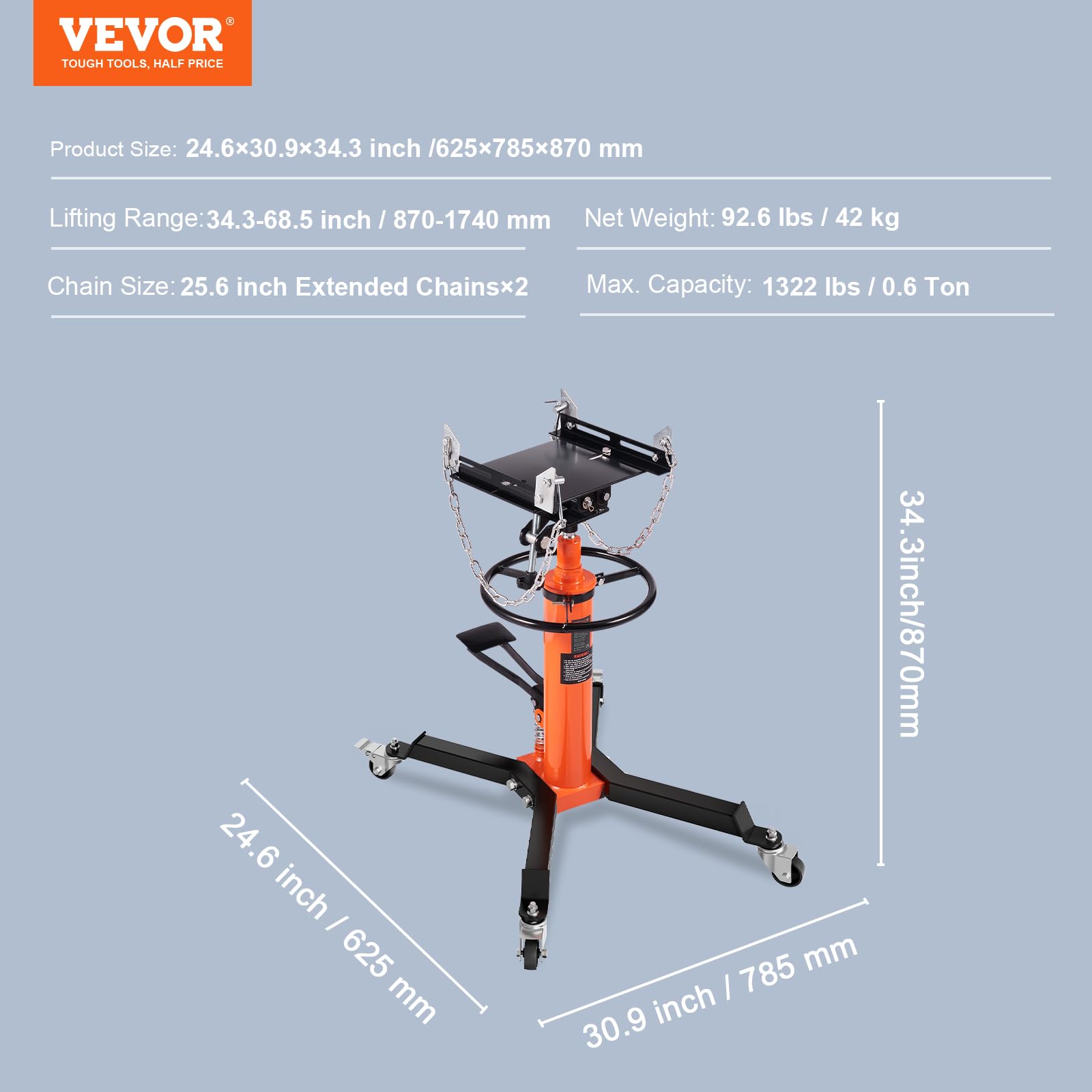 VEVOR 1322 lbs Hydraulic Transmission Jack - 3/5 Ton Capacity, 34.3