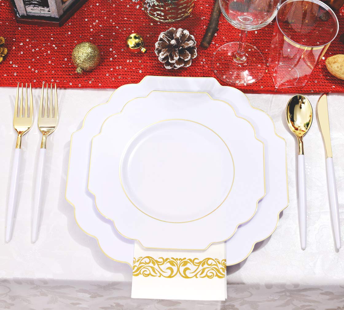 140-Piece Scalloped Gold Plastic Dinnerware Set - Heavy Duty White & Gold Square Plates, 40 Plates, 20 Cups, 20 Forks, 20 Knives, 20 Spoons, 20 Napkins - Elegant Disposable Tableware for Thanksgiving, Christmas, Parties & Special Events