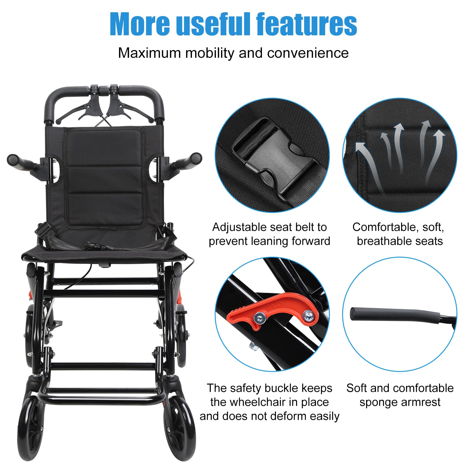 Lightweight Portable Folding Wheelchair for Adults & Elderly - Compact Travel Transport Chair with Easy Fold Design (Black) - Ideal for Air Travel, Shopping & Outdoor Activities