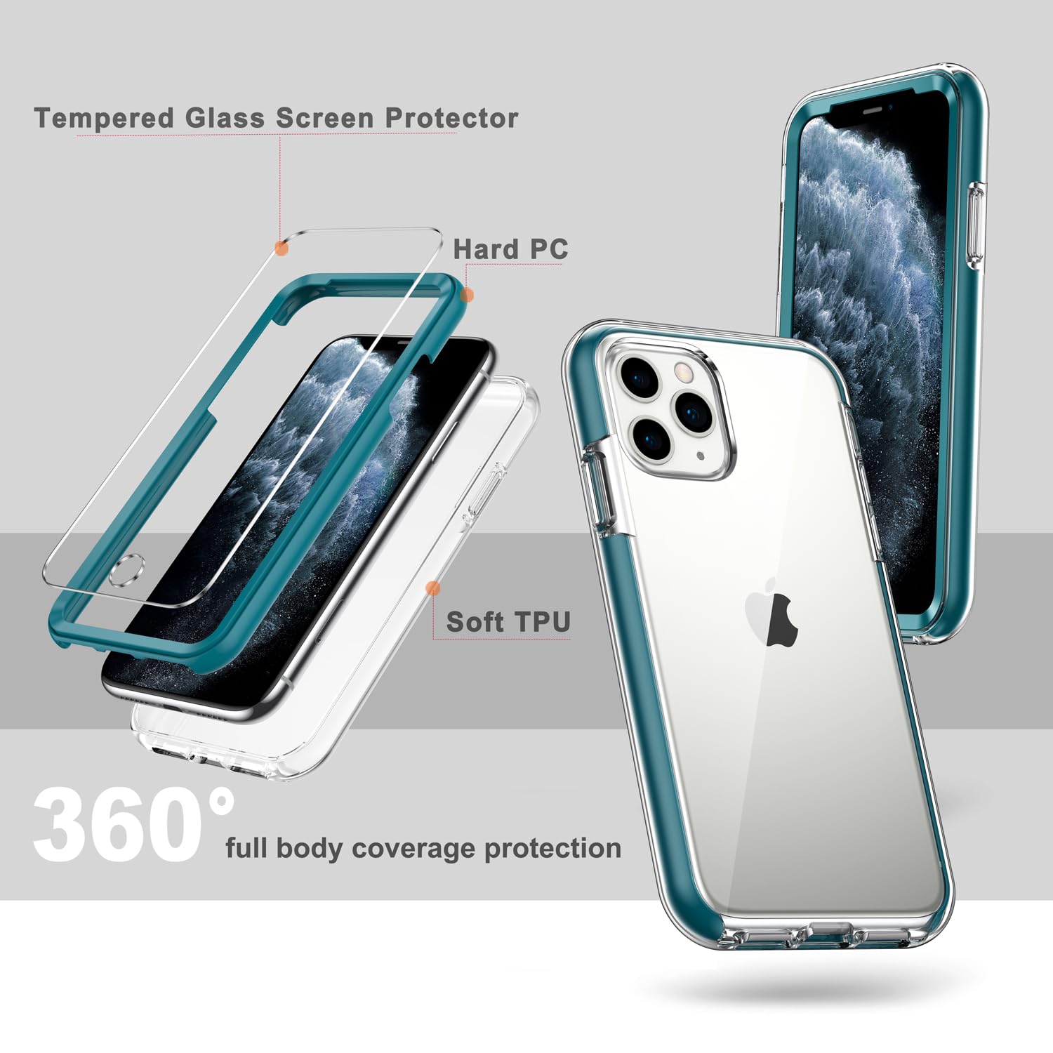 COOLQO iPhone 11 Pro Case 5.8 Inch - Clear Shockproof Silicone Cover with 2 Tempered Glass Screen Protectors | 360° Full Body Protection | Perfect for Everyday Use, Travel & Outdoor Activities - Green