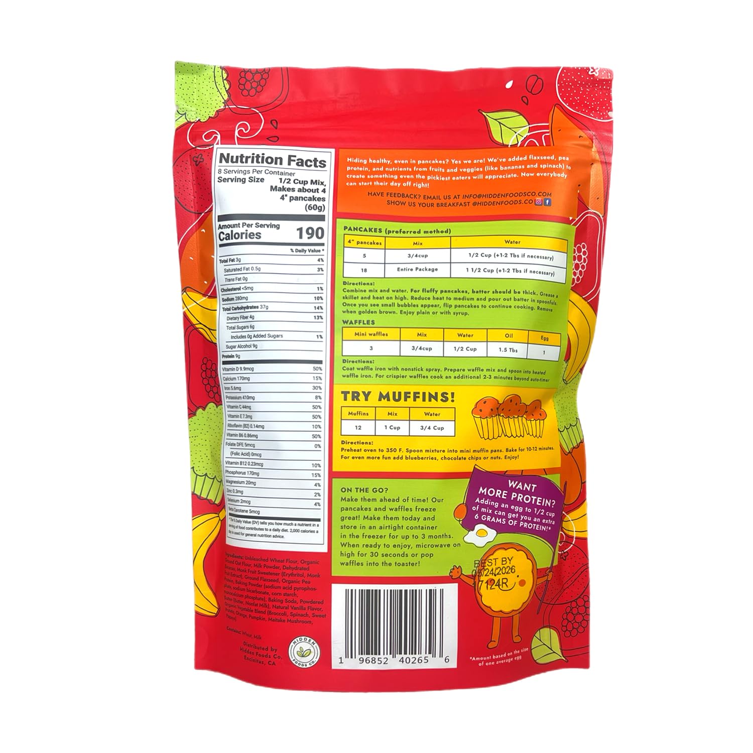 Hidden Foods Variety Pancake Mix 3-Pack - Cinnamon Churro, Homestyle & Chocolate Pancake Mixes | High Protein & Fiber Breakfast Mix with Natural Ingredients, Fruits, Vegetables, Wheat & Oat Flour | Just Add Water | Perfect for Quick Breakfast, Camping & Family Brunch