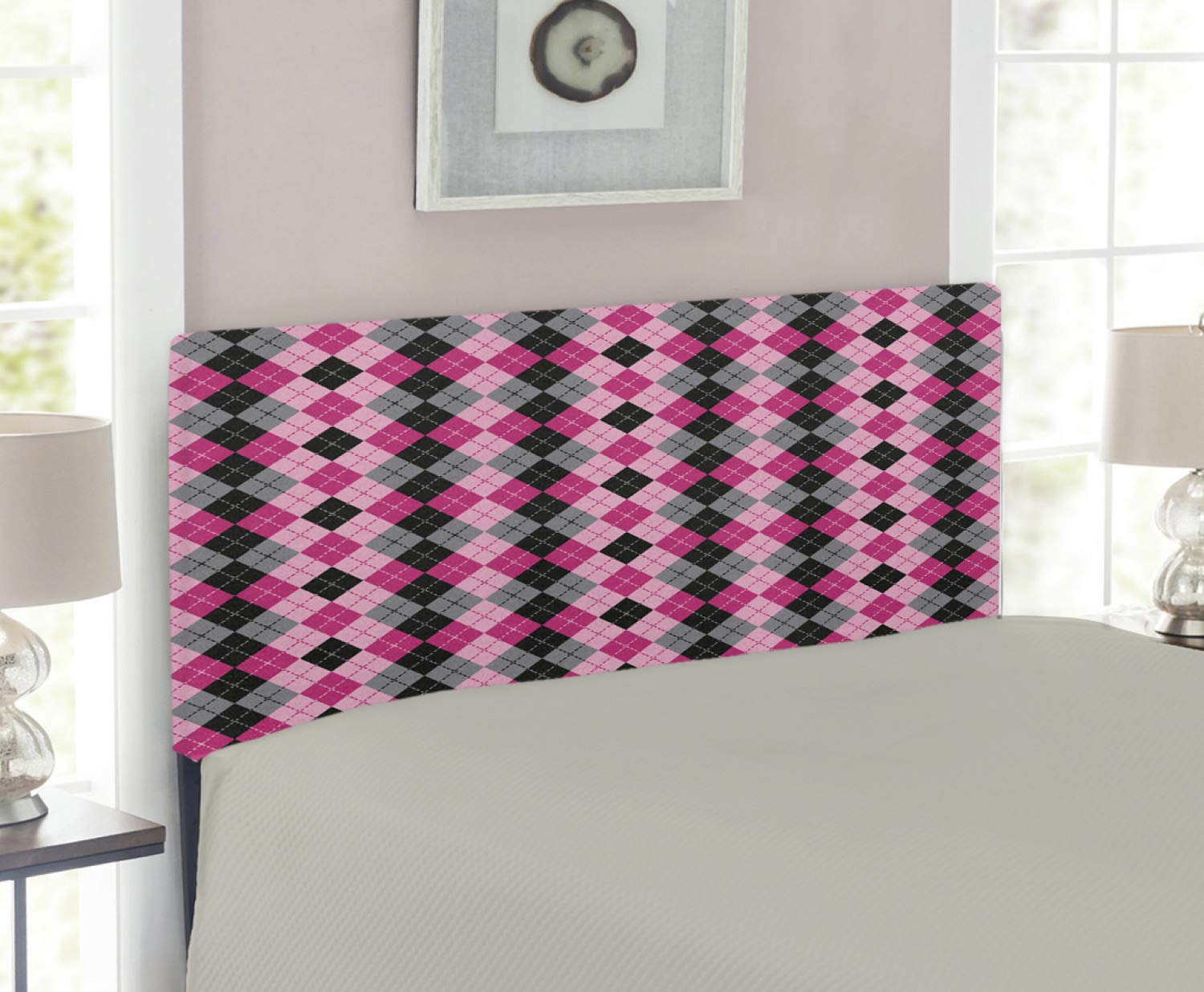 Ambesonne Abstract Upholstered Headboard - Argyle Diamond & Lozenges Symmetrical Stripes Design, Twin Size Memory Foam Bed Headboard in Pale Pink, Black & Grey | Perfect for Modern Bedrooms, Guest Rooms & Dorm Decor