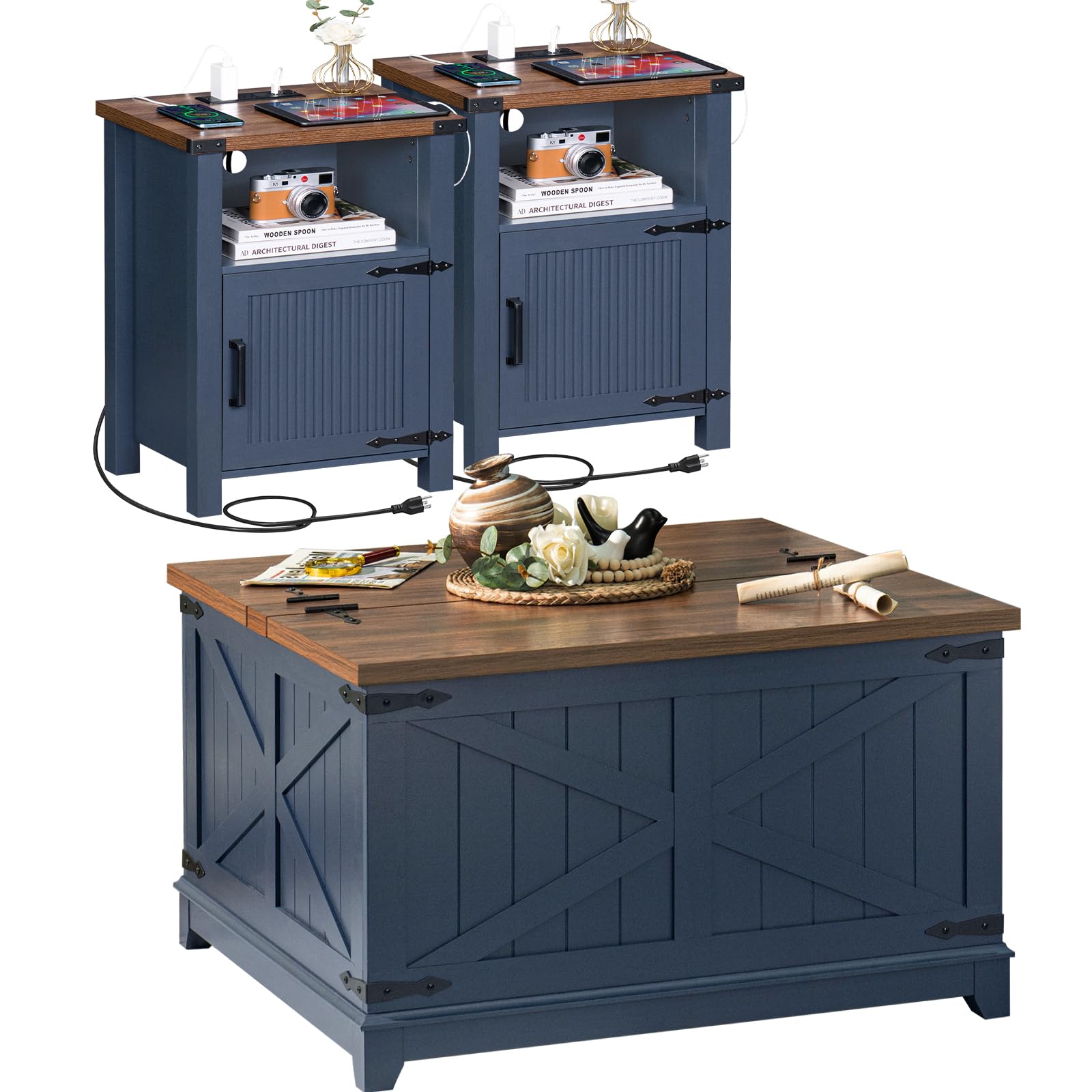 2-Piece Farmhouse Nightstand Set with USB Charging Station & Magnetic Door - 18