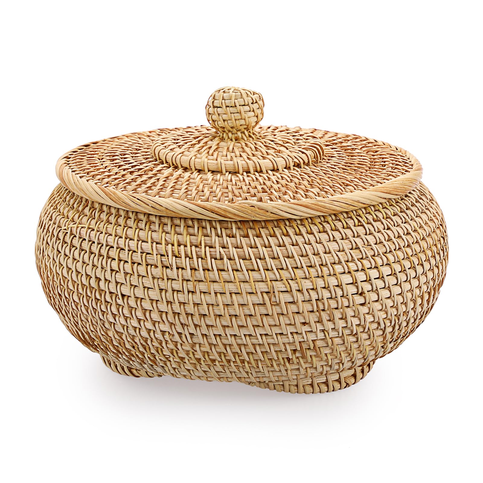 Hipiwe Round Rattan Basket with Lid - Handwoven Wicker Storage Bin for Picnic, Bread, Home & Bathroom Organization - Small Decorative Box for Shelves, Multi-Purpose Tray (Perfect for Farmhouse Decor, Gift Wrapping & Clutter Control)