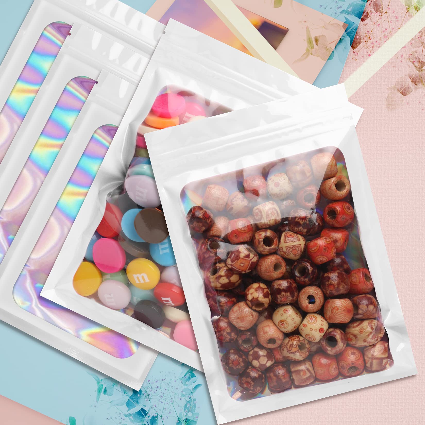 Funfery 100 Pack White Smell Proof Mylar Holographic Bags - 3x4.7 Inch Resealable Odor Proof Foil Pouch for Food Storage, Lip Gloss, Jewelry & Eyelash Packaging - Perfect for Small Business & Home Organization