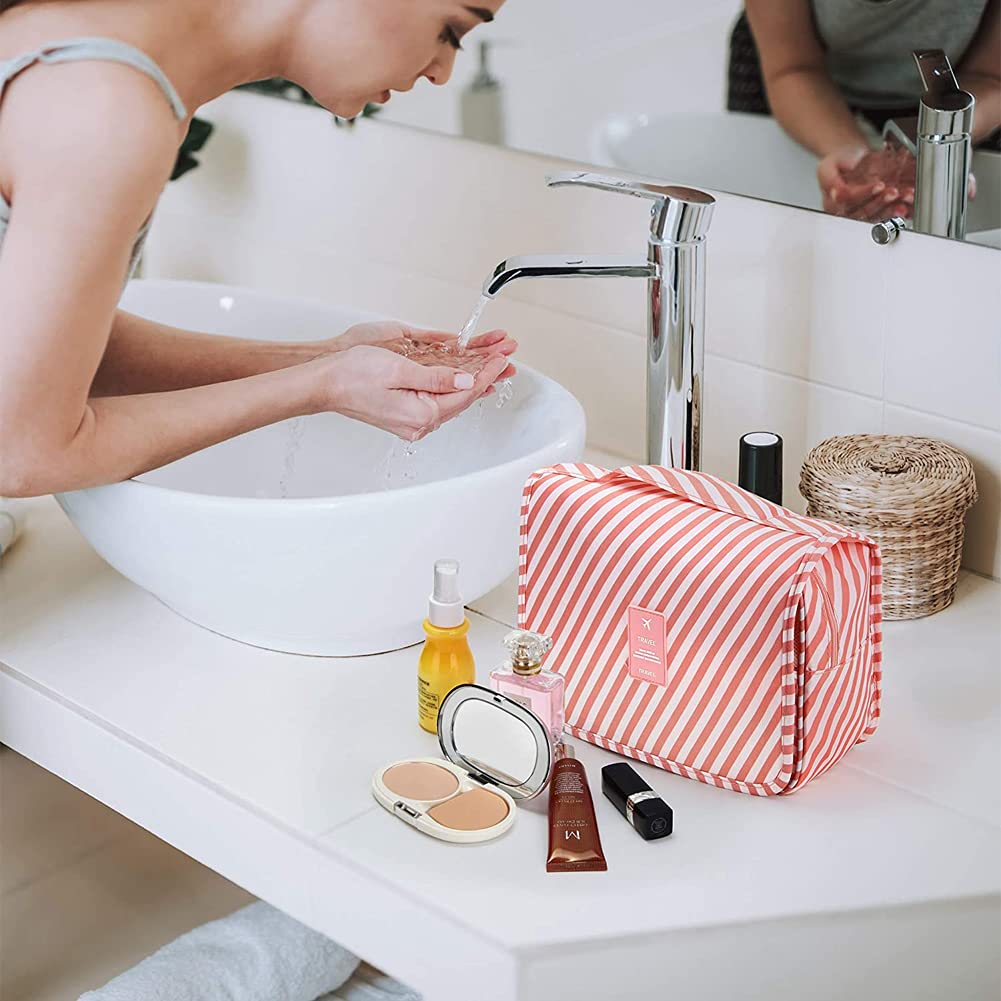 Premium Hanging Toiletry Bag for Women - Waterproof Travel Makeup Organizer with Hook, Cosmetic & Shower Bag for Bathroom Essentials (Pink Stripes) | Ideal for Travel, Gym, Camping & Daily Use