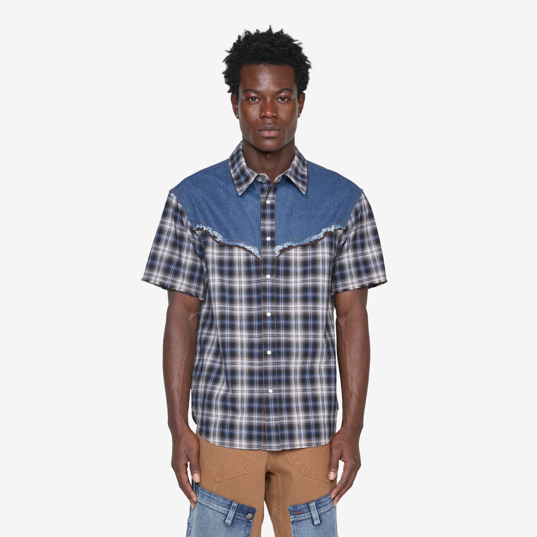 Men's Denim & Check Raw Cut Shirt in Blue - Casual Button Down Shirt for Streetwear and Everyday Outfits
