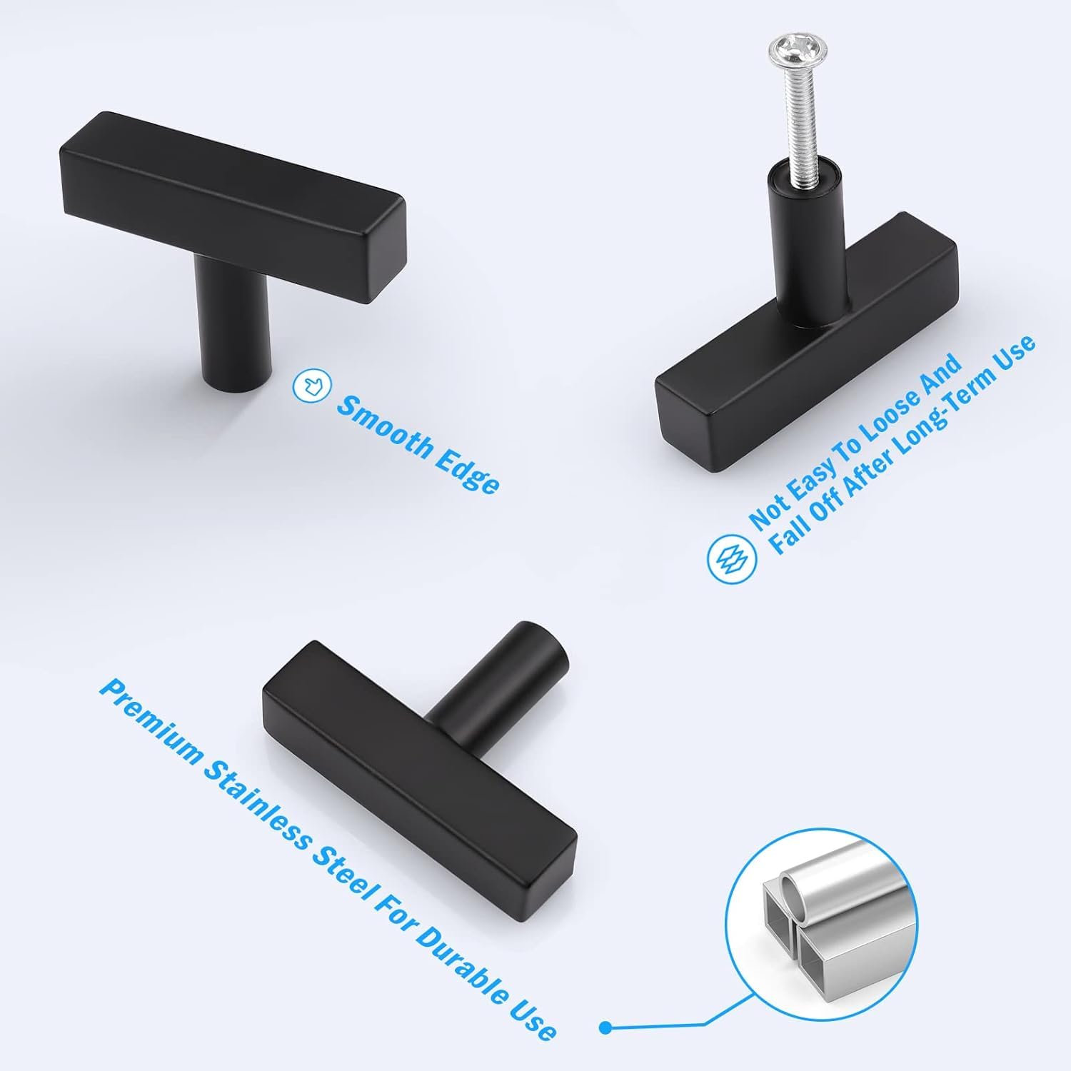 KNOBWELL 20 Pack 2 Inch Black Cabinet Knobs - Single Hole Drawer Pulls for Kitchen, Bathroom & Dresser - Stainless Steel T Bar Knob - Perfect for Cabinet Doors, Vanity & Furniture Hardware (Home Improvement & DIY Projects)