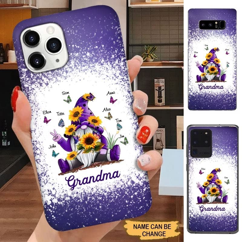 Personalized Polka Dot Phone Case with Sunflower Gnome & Butterflies Design - Perfect Gift for Mom & Grandma - Purple Gnome White Case for iPhone/Samsung - Great for Mother's Day, Family Photos & Daily Protection