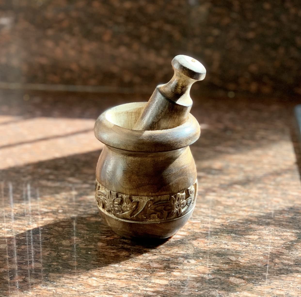 Handmade Wooden Mortar & Pestle Set - Natural Rustic Herb Grinder, Spice Mixer & Masala Bowl - Manual Kharal for Crushing Seasonings, Pills & Herbs - Perfect Kitchen Utensil for Cooking, Ayurveda & Home Apothecary - Great Housewarming Gift & Birthday Present for Food Lovers