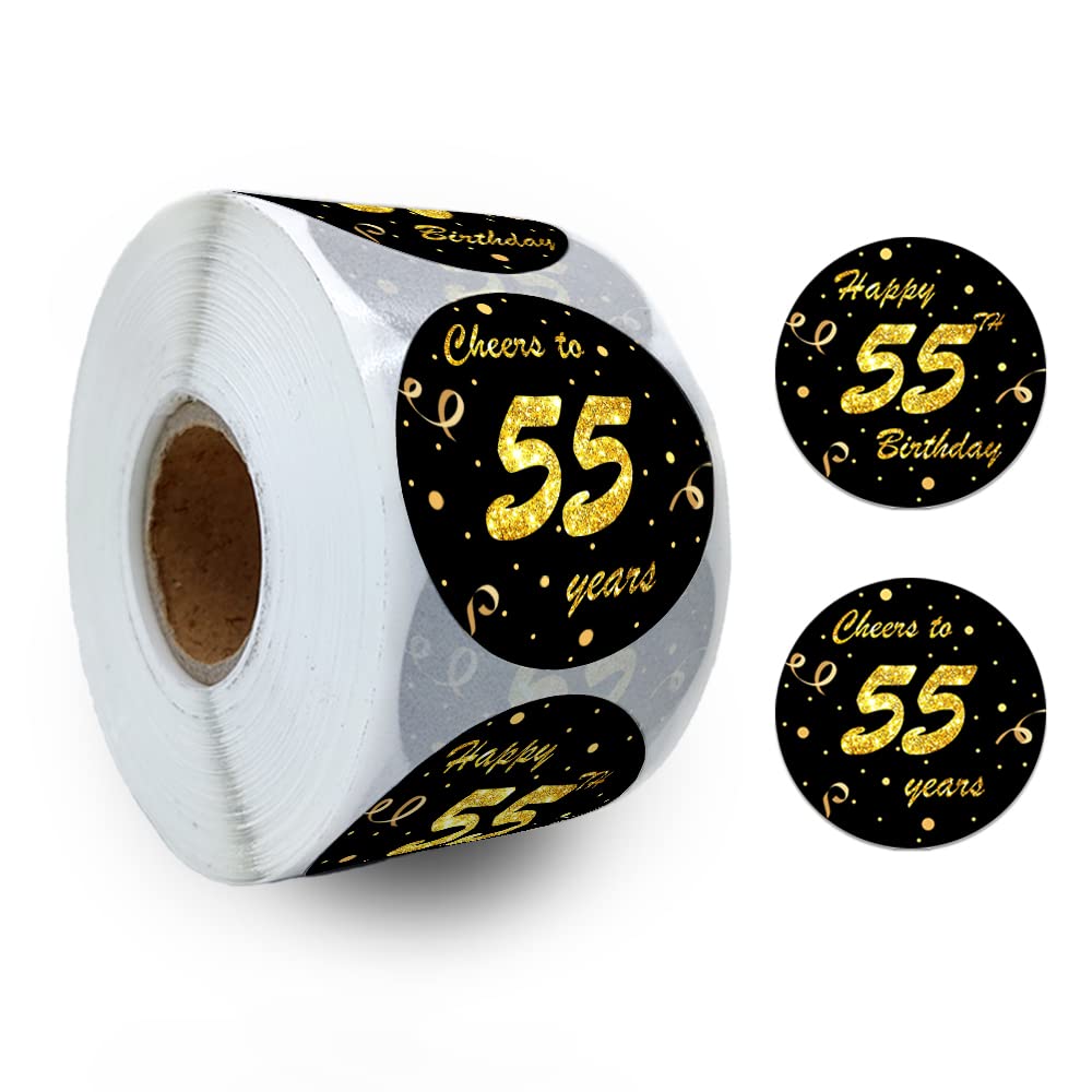 Black Gold 55th Birthday Stickers - 500 Cheers to 55 Years Round Labels for Party Favors, Anniversary Decorations - Perfect for Birthday Invitations, Gift Wrapping & Scrapbooking