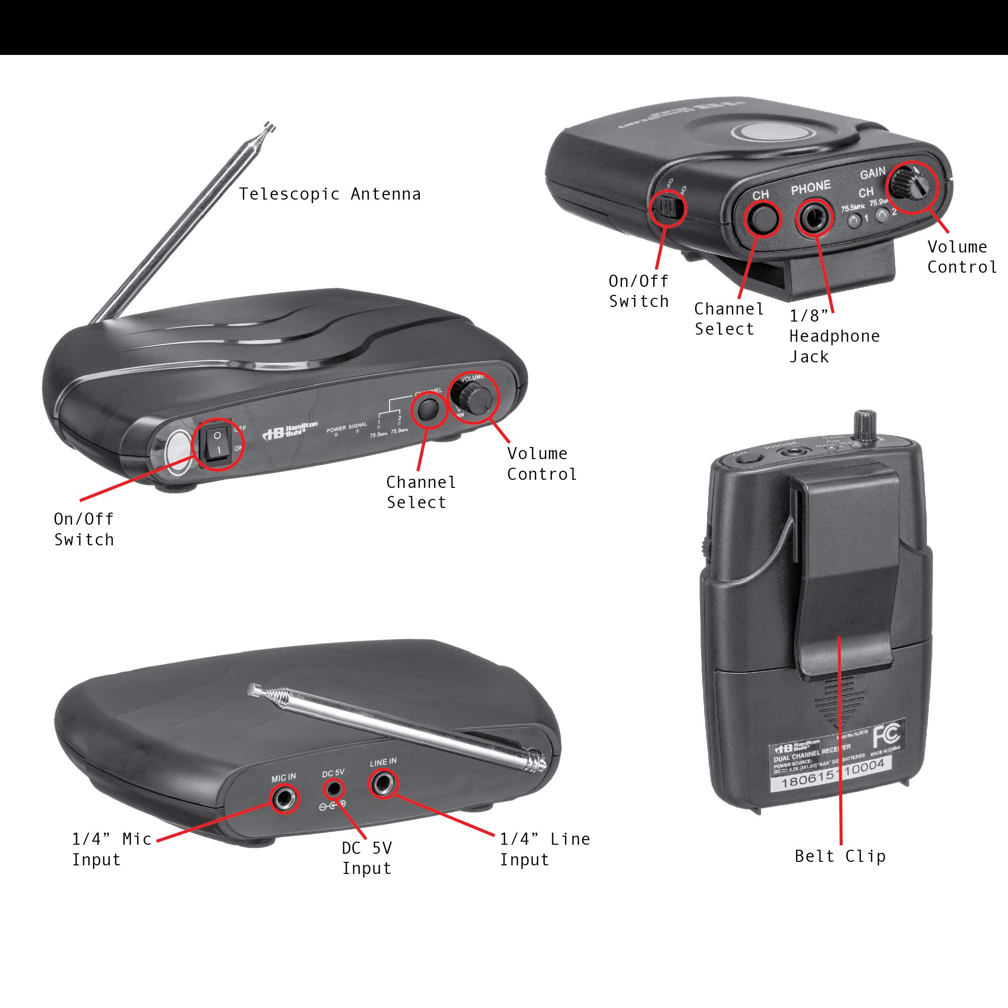 Hamilton Buhl ALS700 Assistive Listening System - Dual Frequency Wireless Transmitter with 6 Receivers & Earbuds, Portable Carry Case - Ideal for Classrooms, Meetings & Hearing Assistance