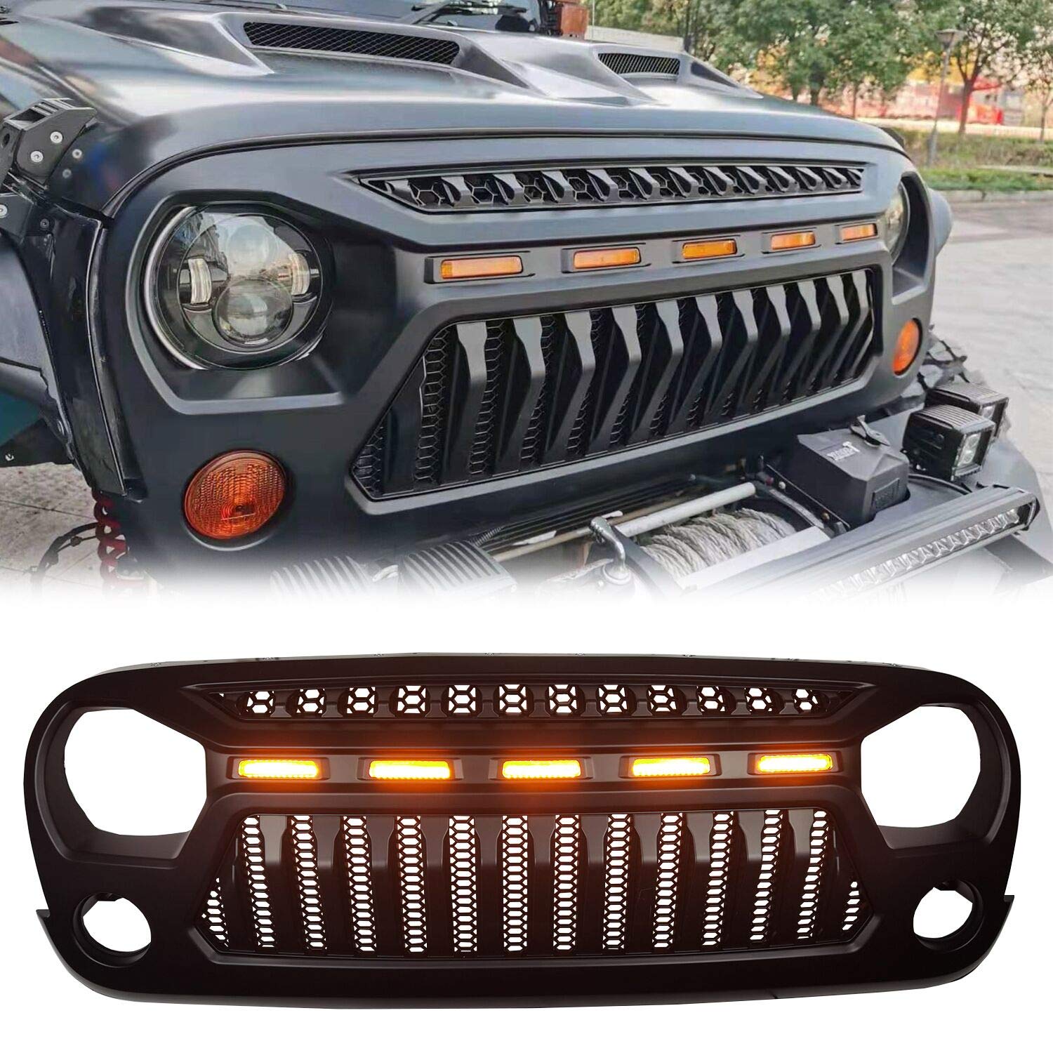2007-2018 Jeep Wrangler JK JKU Front Grill Mesh Cover - Matte Black ABS with Amber LED Running Lights | Fits Unlimited Rubicon Sahara Sport Models | Off-Road Protection & Style Upgrade