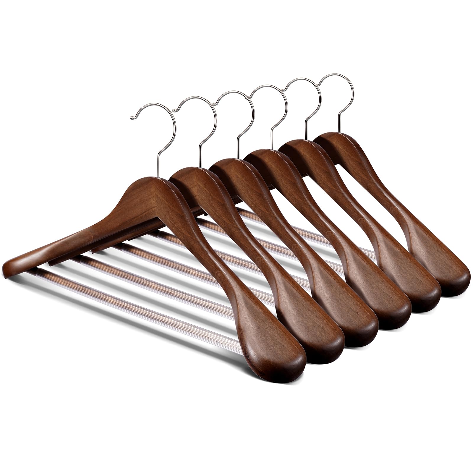 Premium Wooden Suit Hangers 10-Pack - Heavy Duty Rotating Hooks & Non-Slip Pants Bar - Smooth Finish for Sweaters, Pants & Heavy Coats (Walnut, Wide Shoulder) - Perfect for Closet Organization & Luxury Garment Storage