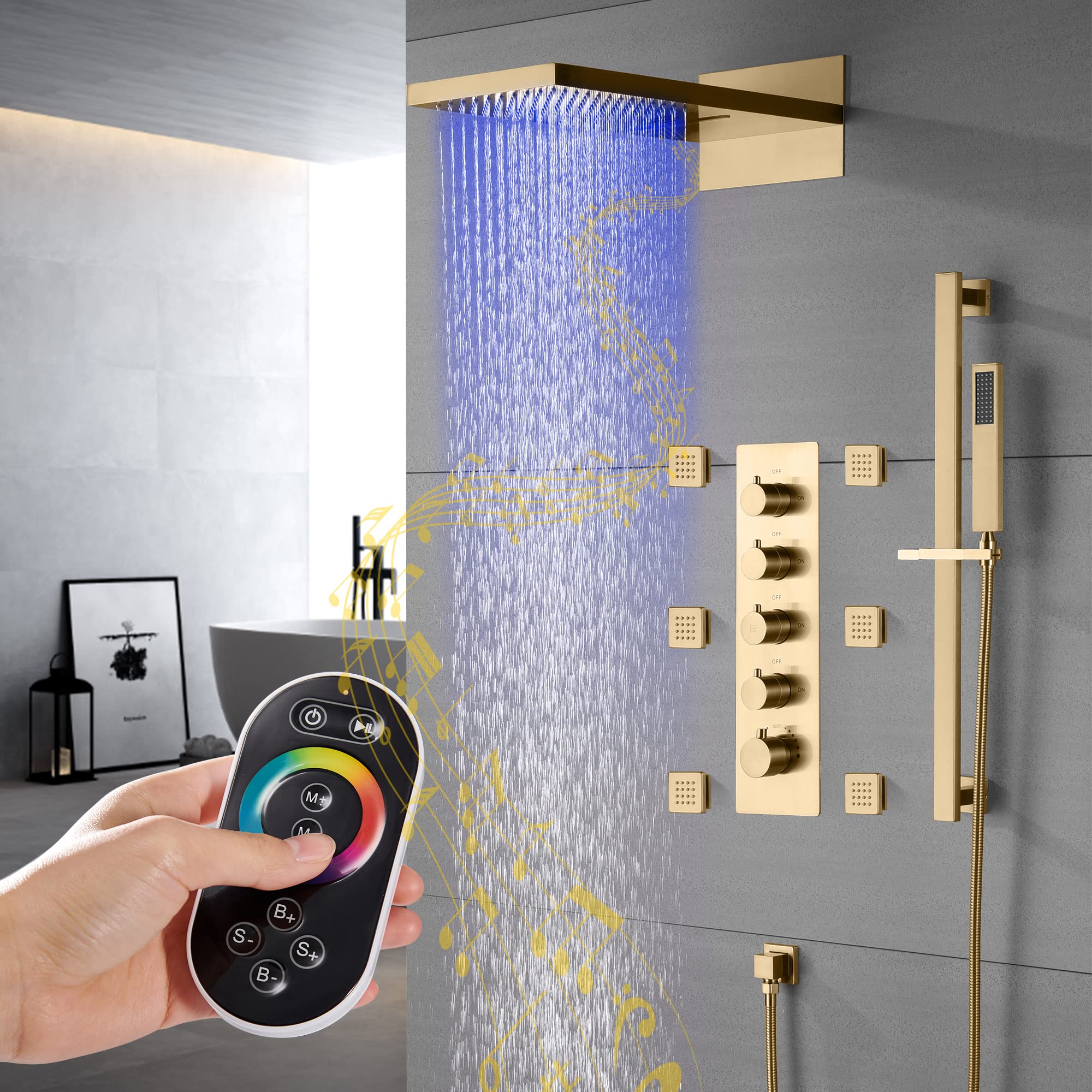 Cascada 9x22 Inch Bluetooth LED Shower System with 4 Functions, Remote Control & 64 Color Lights - Perfect for Modern Bathrooms & Spa-Like Experiences