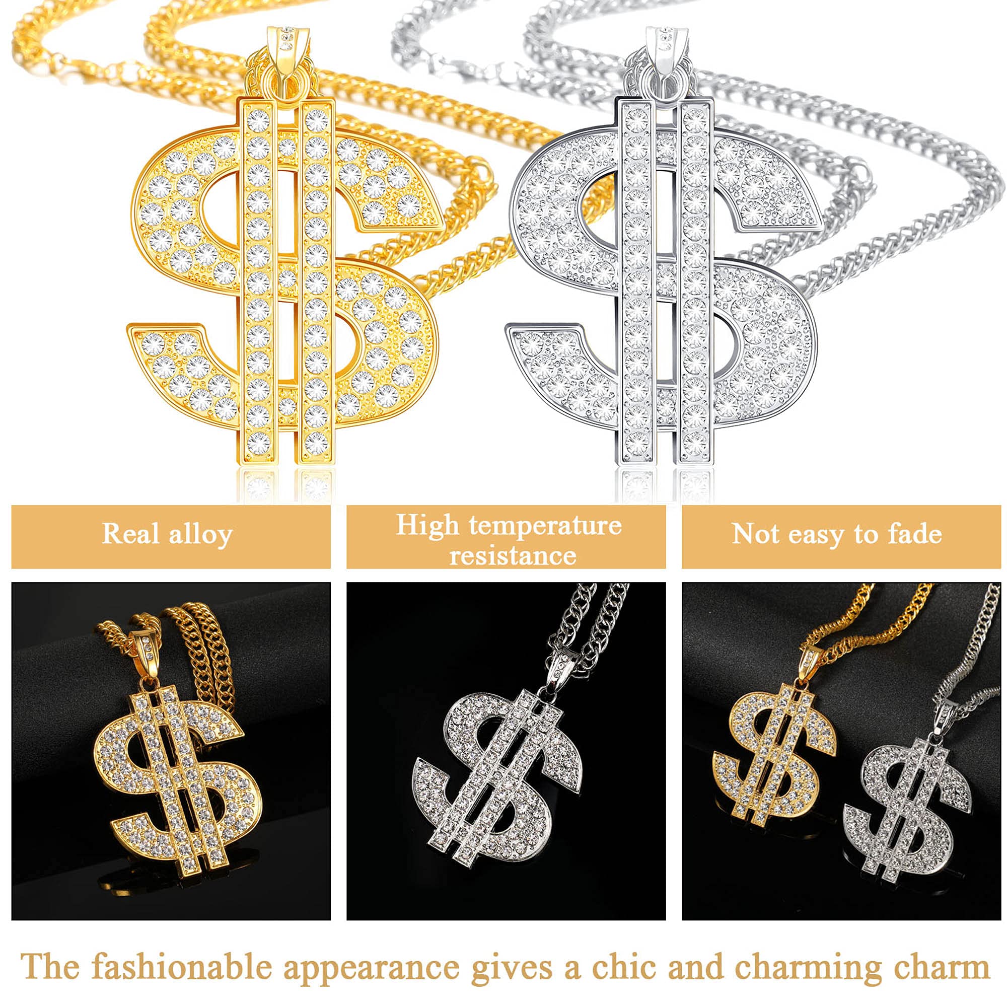 Tatuo 2-Piece Gold Plated Chain Necklace Set for Men - Hip Hop Dollar Sign Pendant Jewelry | Perfect for Streetwear, Rap Concerts & Gift Giving