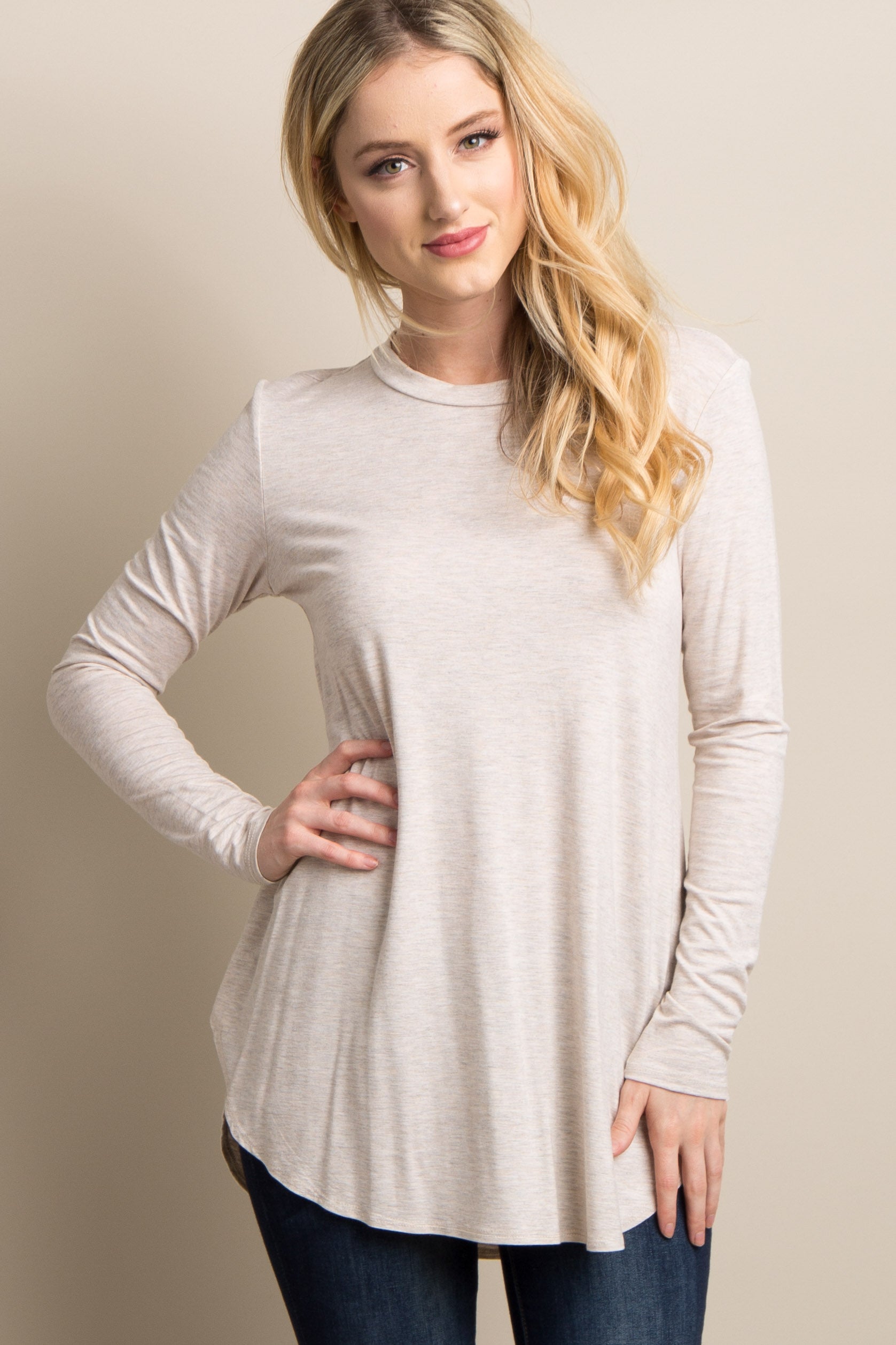 Beige Maternity Long Sleeve Shirt for Women - Soft Pregnancy Top for Everyday Wear & Nursing Comfort