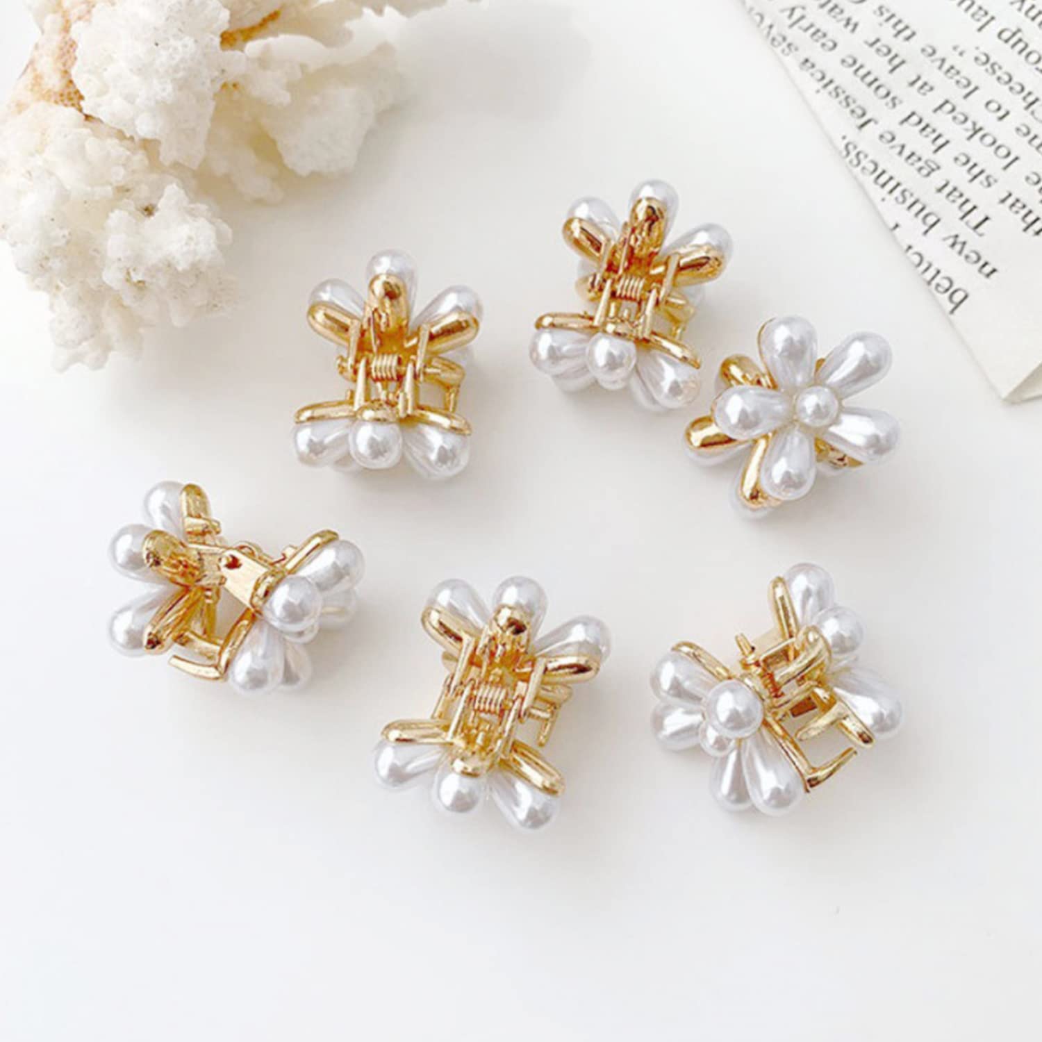 HAPPYMATES 10pcs Daisy Floral Metal Pearl Hair Clips - Mini Pearl Claw Clips, Sweet Artificial Flower Hair Clips for Women & Girls - Perfect for Weddings, Parties & Everyday Styling