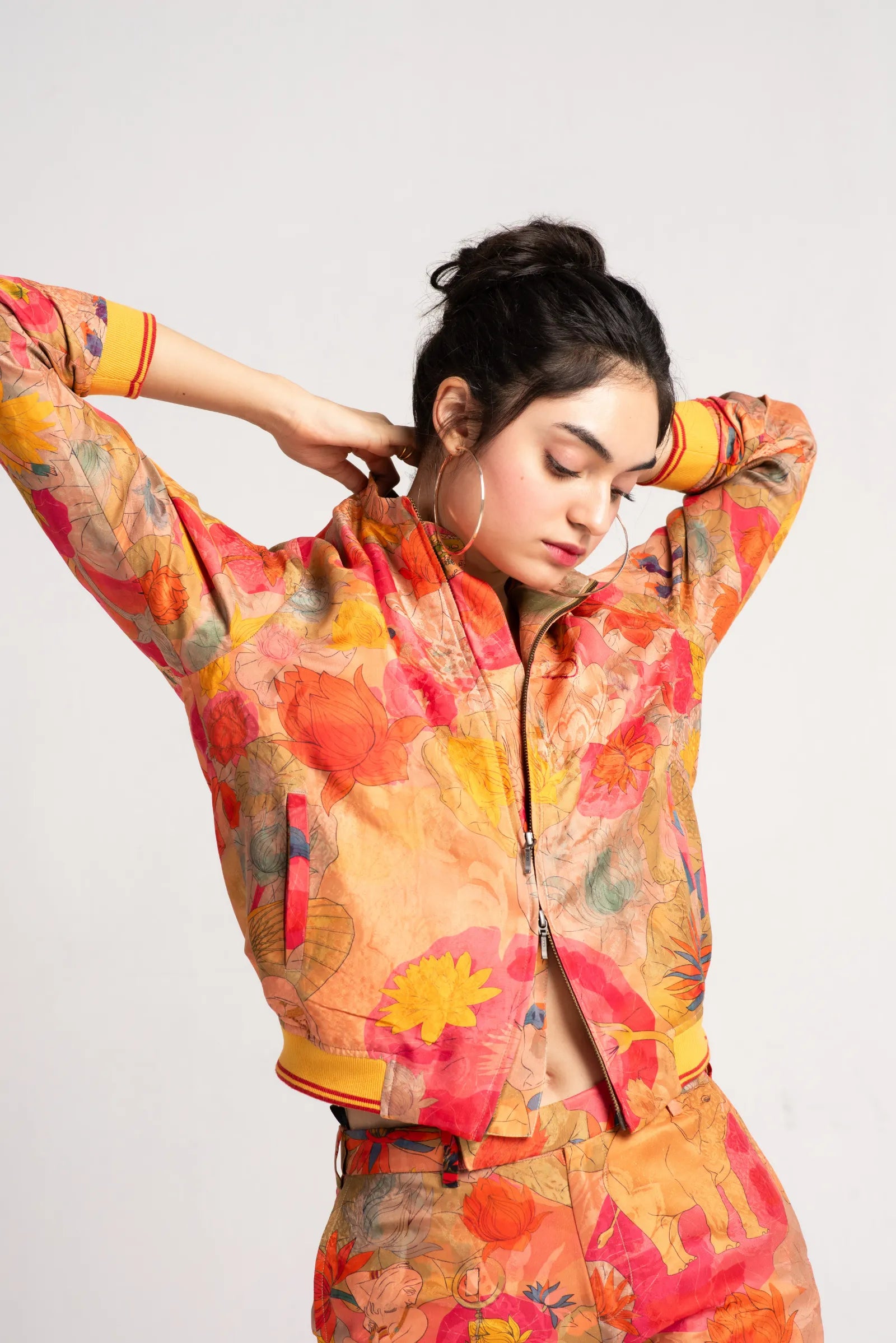 Janbaaz Bomber Jacket for Men - Luxury Silk Damask Grapefruit Print - Stylish Lightweight Jacket for Casual Wear & Night Out