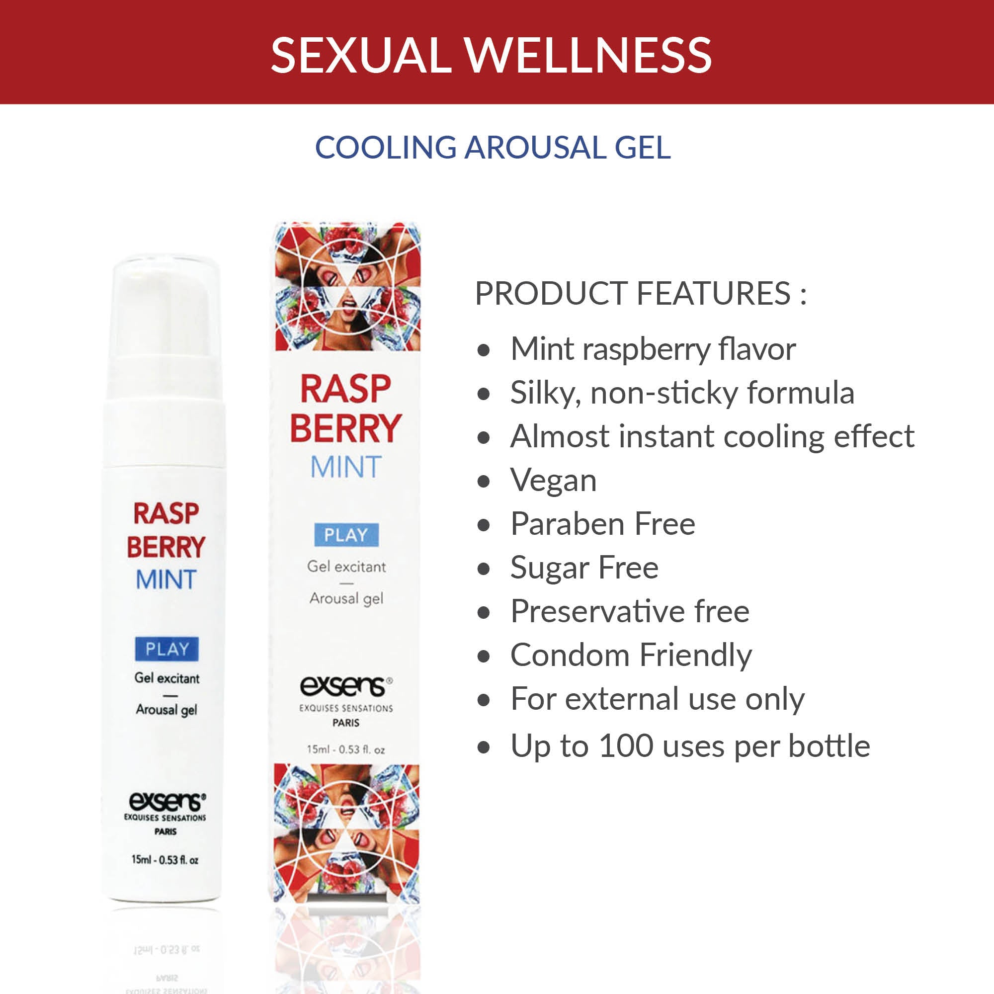 Exsens Raspberry Mint Arousal Lubricant & Flavored Foreplay Gel - 15ml (0.53 fl oz) - Water-Based Personal Lubricant for Couples - Enhances Sensation & Intimacy - Perfect for Date Nights & Romantic Moments