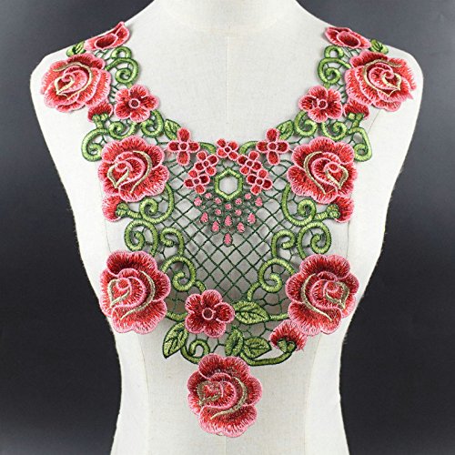 Craft Floral Embroidery Lace Collar Fabric Trim - DIY Sewing Applique for Neckline, Dresses, Blouses & Wedding Gowns (Red)