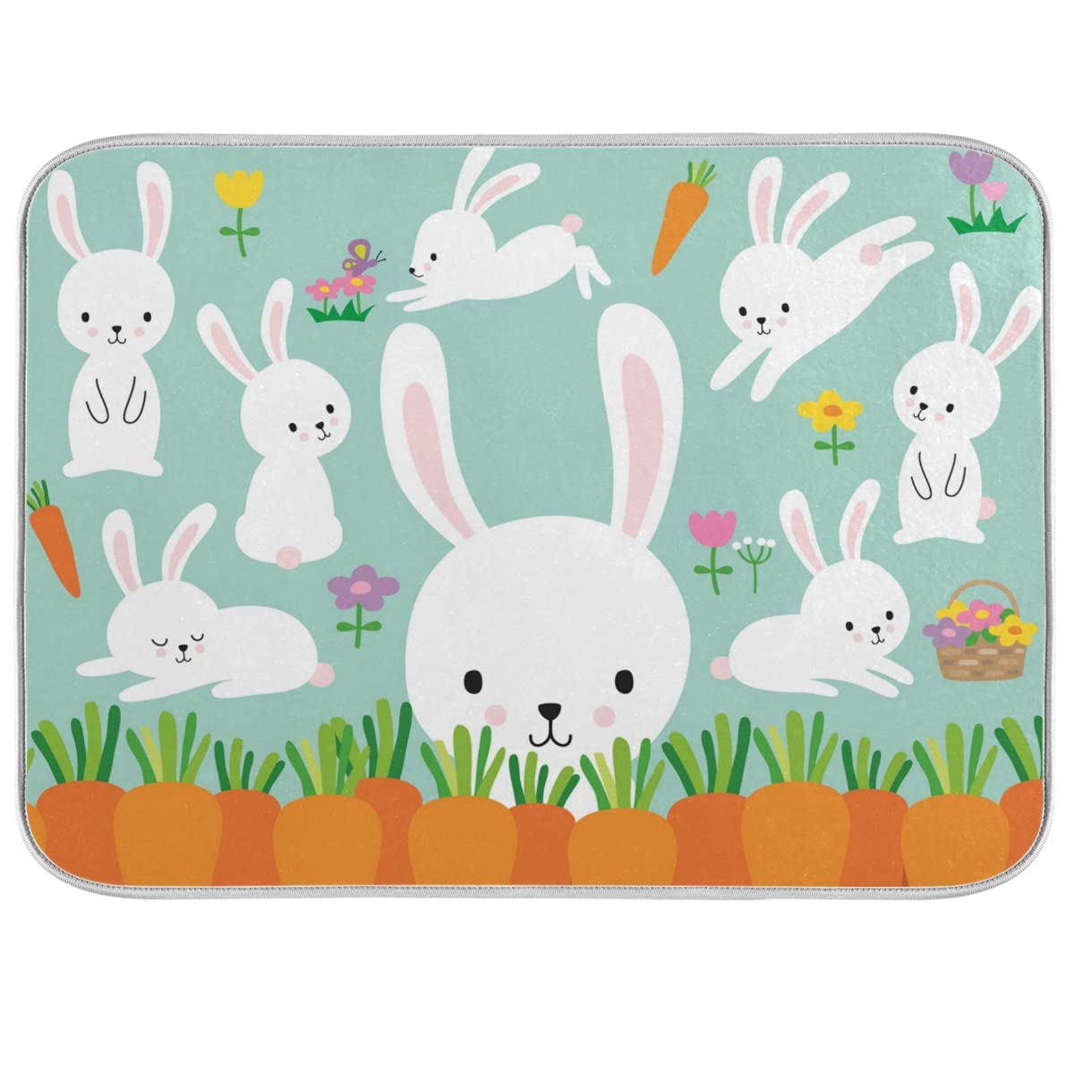 Easter Bunny Rabbit Flowers Dish Drying Mat - Absorbent Large Kitchen Drying Pad (18