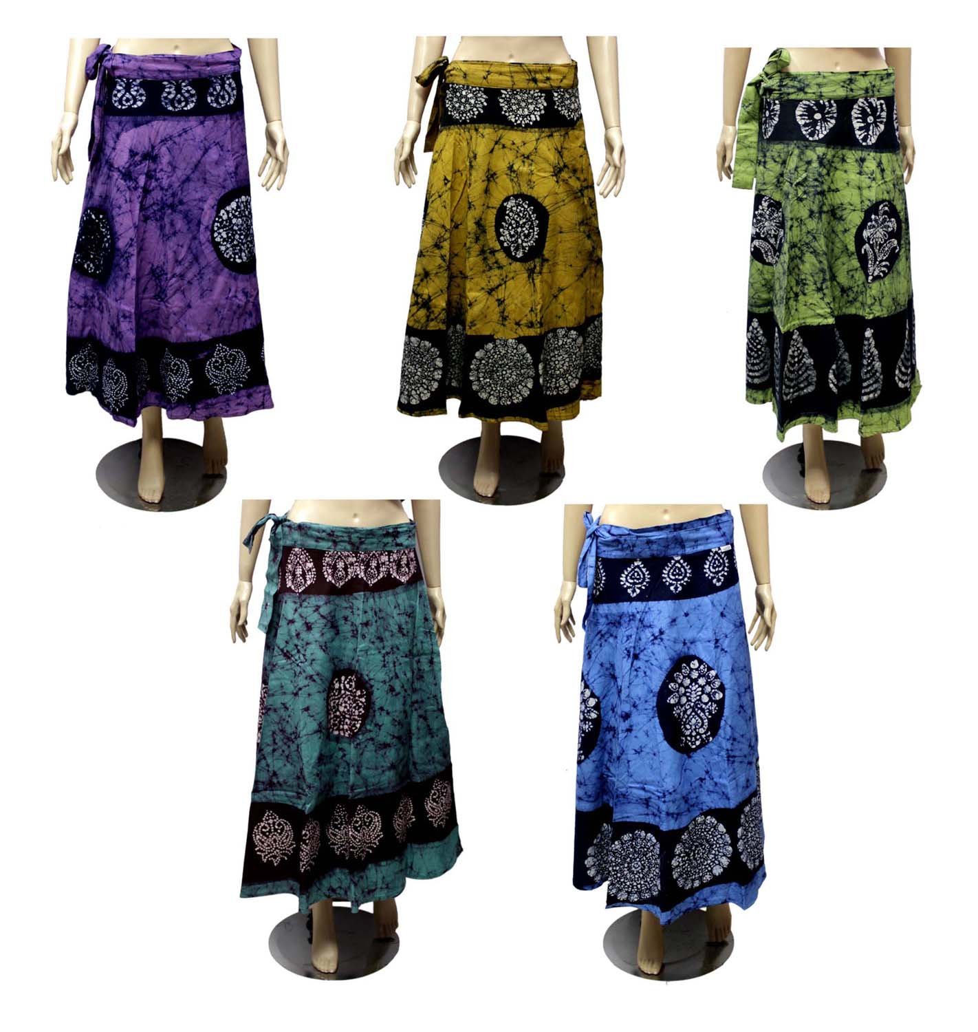 10-Piece Wholesale Lot of Beautiful Cotton Batik Block Print Boho Long Wrap Skirts - Handmade Indian Ethnic Skirts for Women, Perfect for Festivals, Beach Vacations & Bohemian Fashion